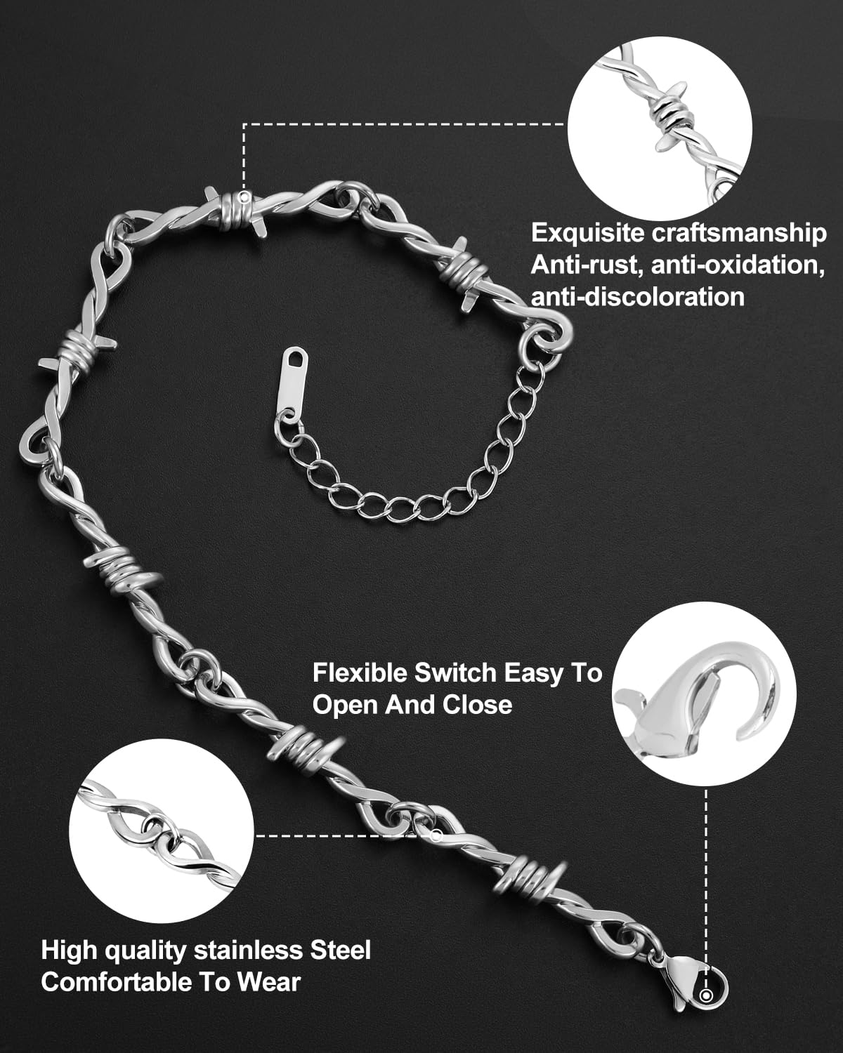 LuxGoth Stainless Steel Barbed Wire Thorns Thin Link Chain Bracelet Gothic Punk Rock Biker Vintage Viking Adjustable Brambles Link Curb Bracelet Jewelry for Men Women Silver GTS-B1B45073