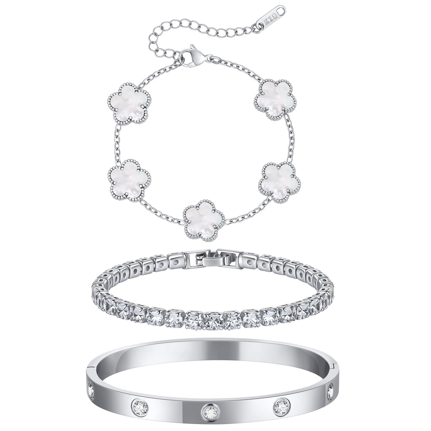 Womens Stackable Floral Silver Bracelets - 3Pcs Silver Sterling Bracelet,Stainless Steel Bangle Bracelets Non Tarnish, Stacked Bracelet Set Trendy Jewelry,Christmas Prom Birthday Gifts for Girlfriend