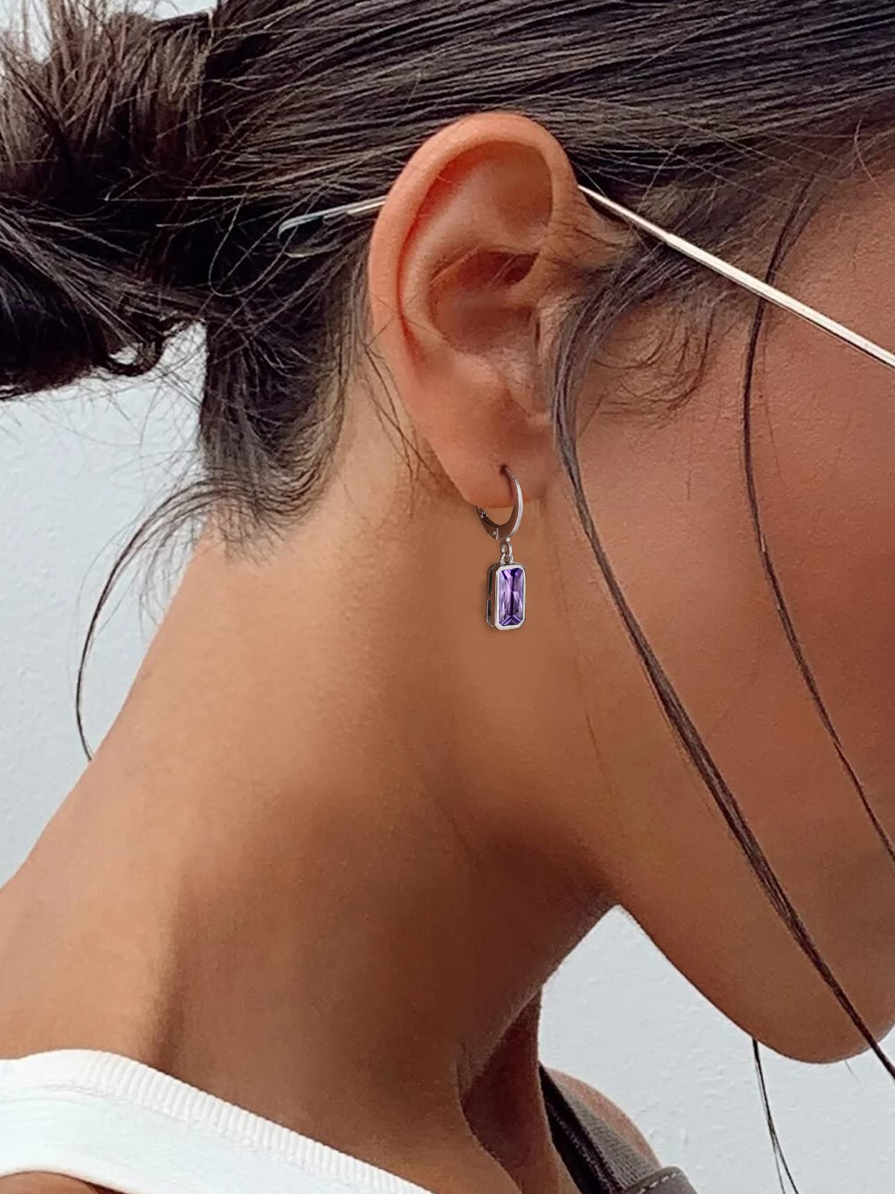Bestyle Silver February Birthstone Dangle Earrings - Amethyst Crystal Drop Baguette Earrings for Women - Dainty Cute Small Silver Huggie Hoop Dangle Earrings for Birthday Wedding Party Gowns
