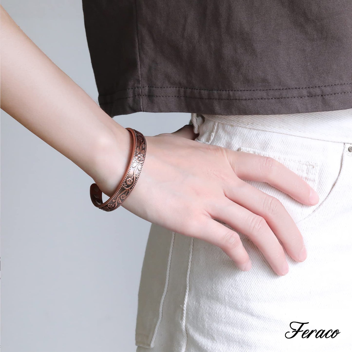 Feraco 99.99% Pure Copper Bracelet for Women, 11X Ultra Strength Magnetic Copper Cuff Bangle with 3500 Gauss Neodymium Magnets, Adjustable Vintage Flower Collection