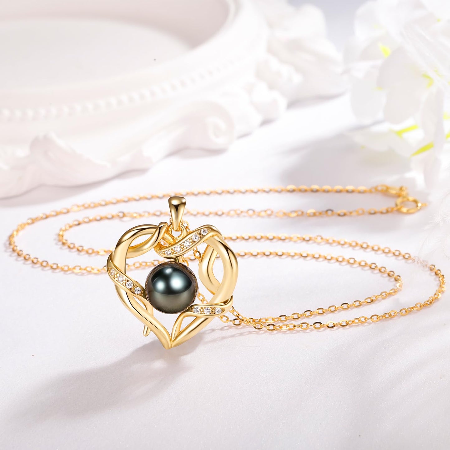 NONNYL Jewelry for Women Wedding Anniversary Birthday Gifts for Women Wife - Tahitian Black Pearl- Heart Necklace- Wife Mom Girlfriend Her Anniversary Birthday- Christmas Mothers Day Valentine Jewelry Gifts