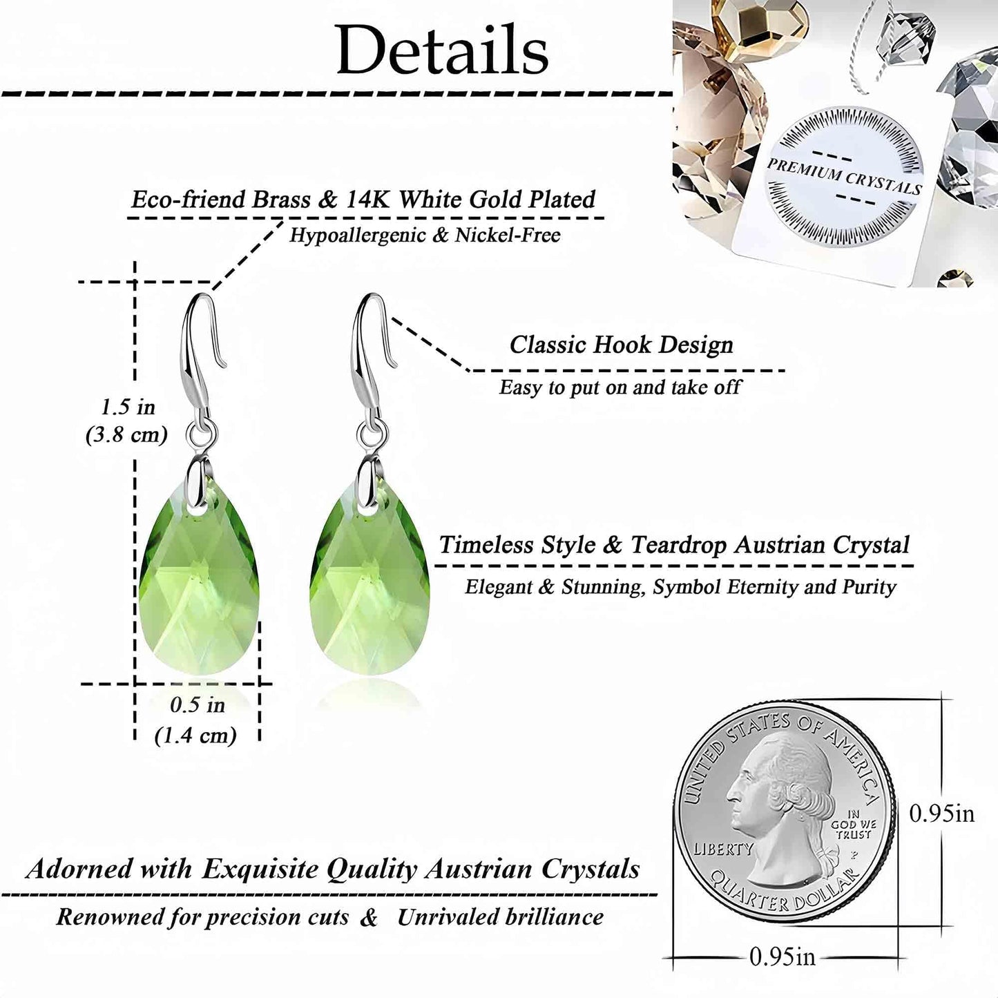Austrian Crystal Teardrop Dangle Hook Earrings for Women 14K Gold Plated Hypoallergenic Jewelry (Green)