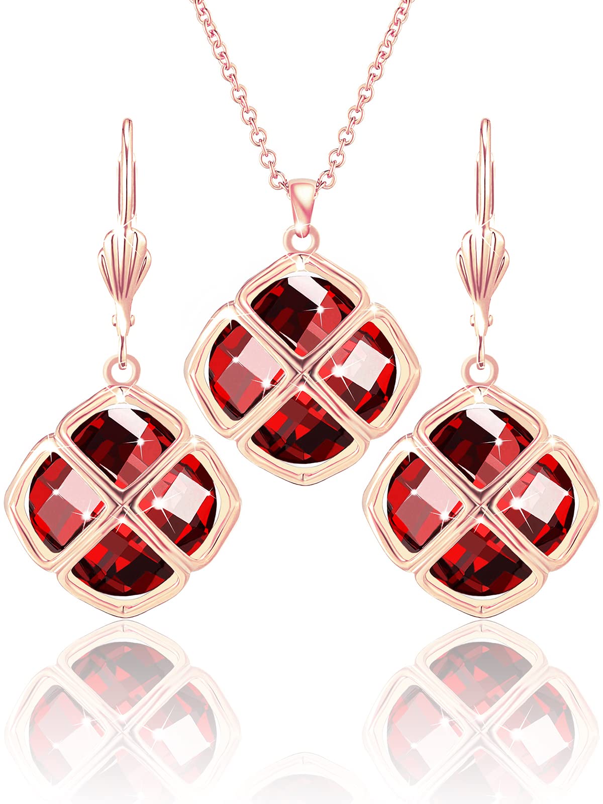 Qinpan 14MM Crystal Pendant Dangle Necklace Earrings Sets for Women Glod Plated Costume Jewelry, 38*17.8mm, Rose Gold, Garnet
