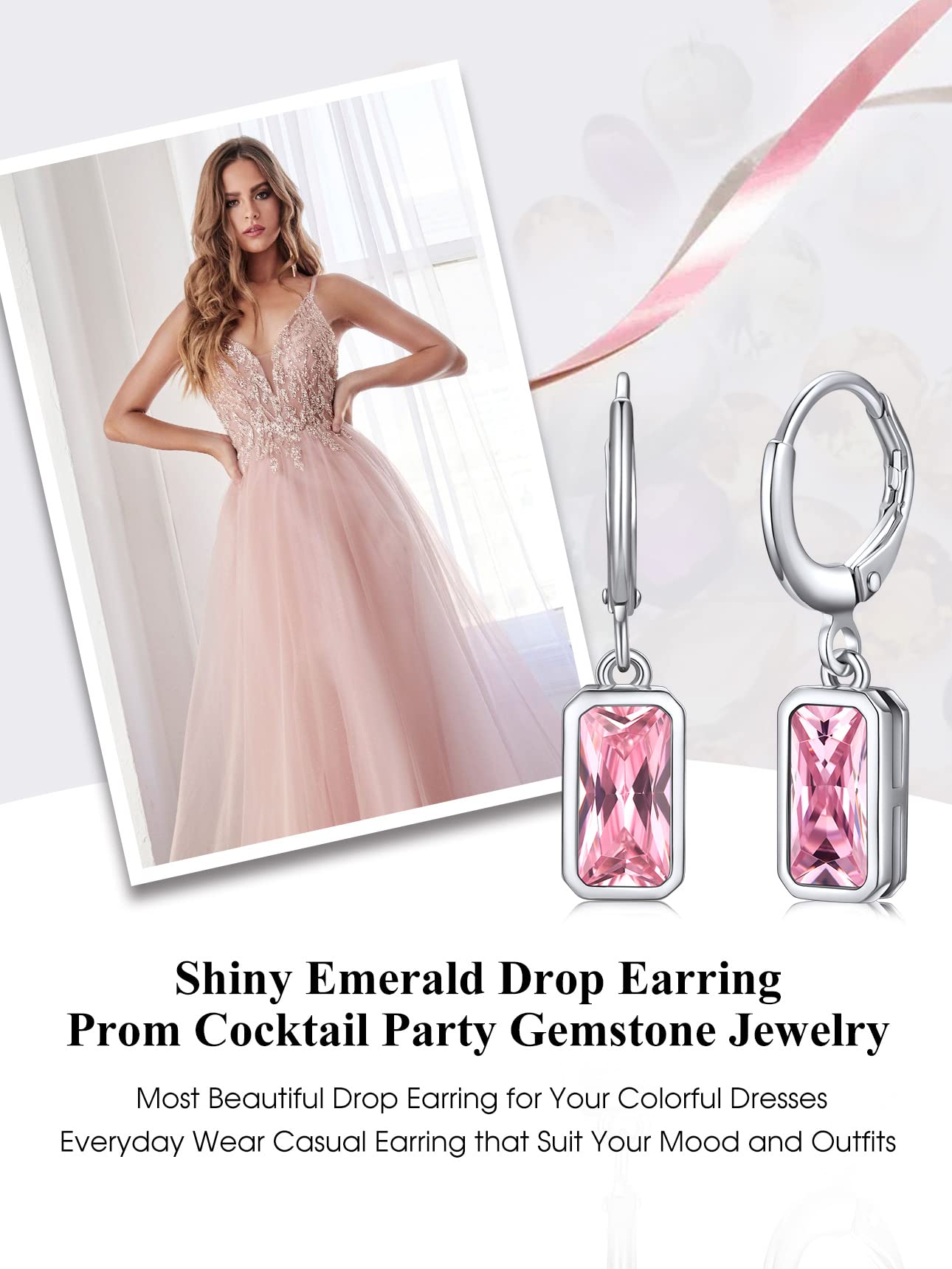Bestyle Silver Pink Tourmaline Drop Earrings | Hypoallergenic Silver Huggie Hoop Leverback Earrings | Small Sparkle October Birthstone Dangle Earrings For Women