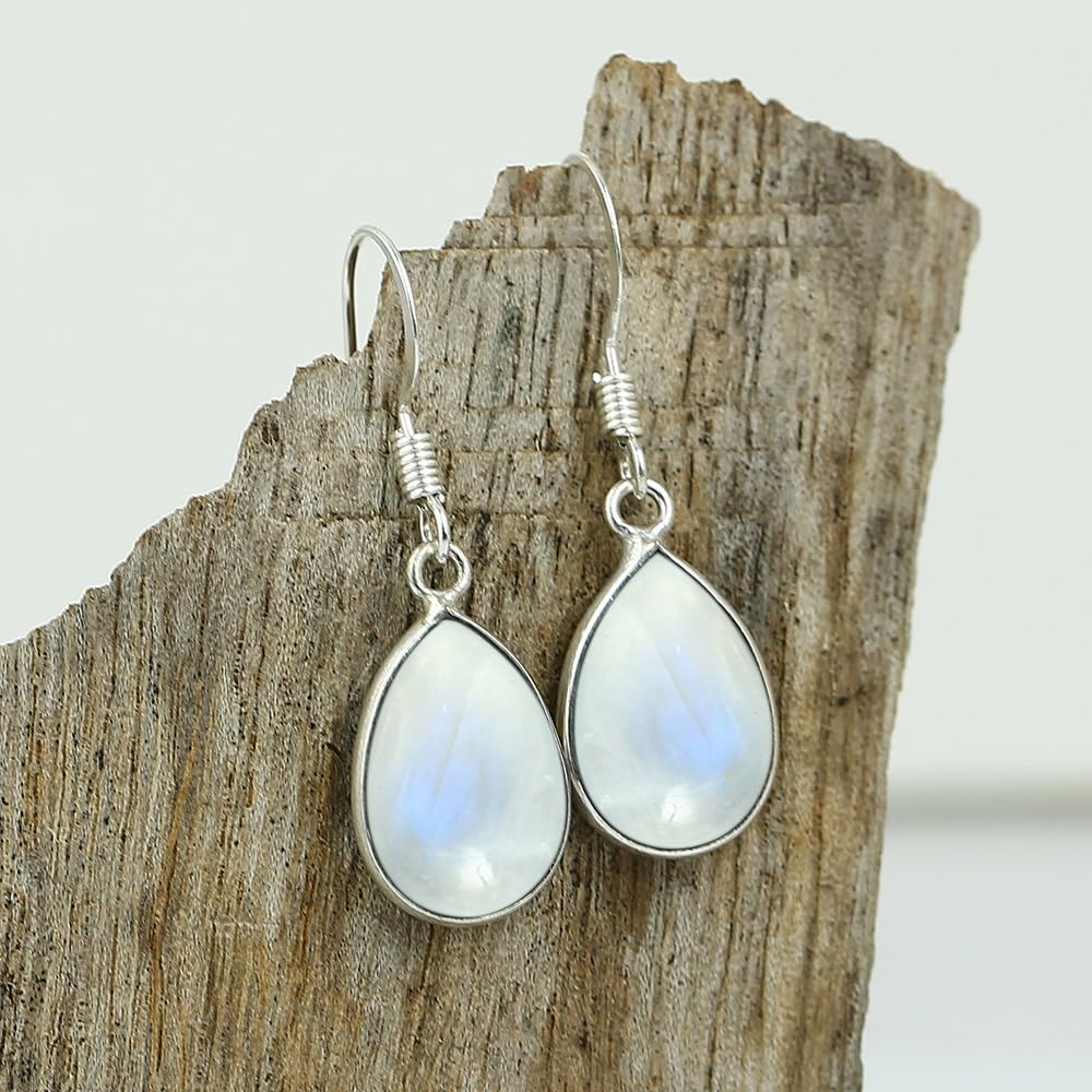 Natural Moonstone Sterling Silver Dangle Earrings for Women - White Stone June Birthstone Pear Shape Gemstone Handmade Drop Earrings - Gifts for Wedding Anniversary Valentien's day