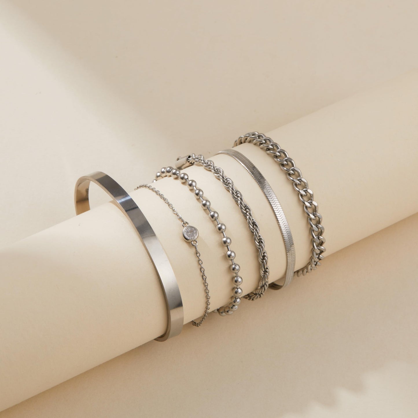 LOFITOR Silver Bracelets for Women Dainty Non Tarnish Link Chain Bracelet Set for Women Trendy Adjustable Chunky Thin Bracelets Stack Layered Cuff Beaded Cuban Rope CZ Heart Cross Jewelry Gift CZ