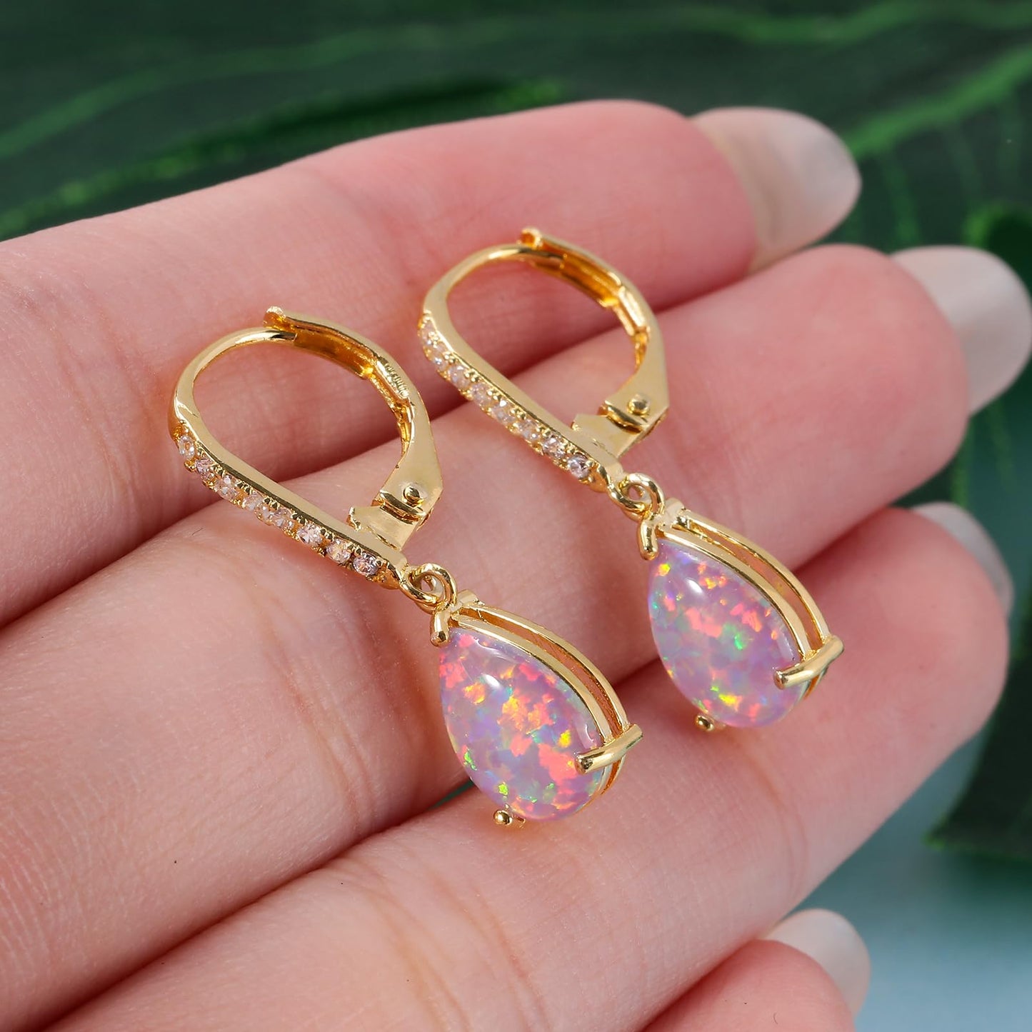 Leverback Purple Opal Dangle Earrings 14k Yellow Gold Plated Drop Earrings for Women Teardrop Earrings Elegant Jewelry Gifts for Mothers Day Birthday Party