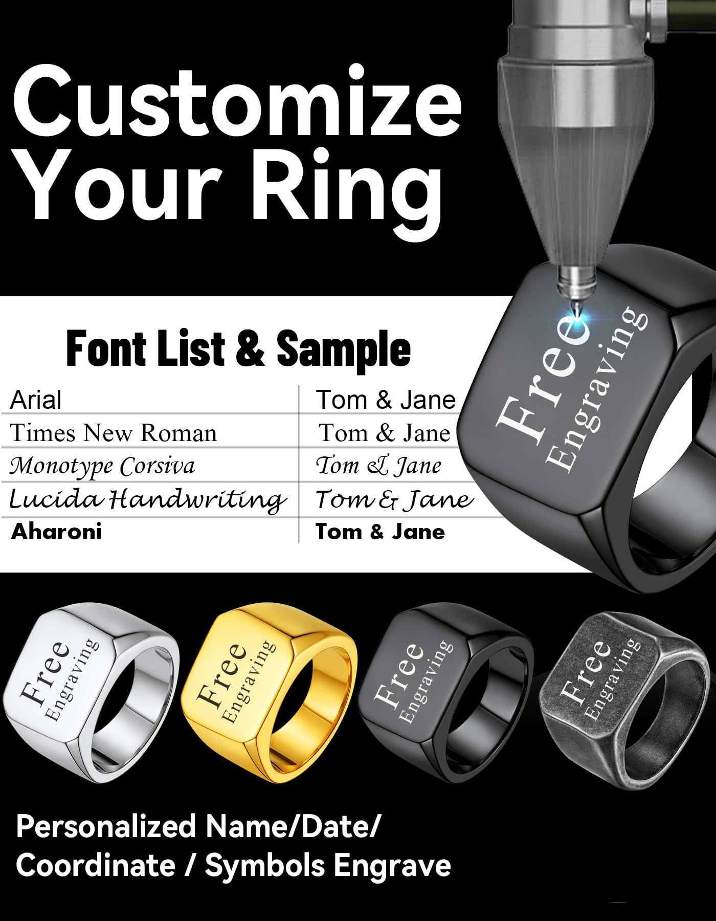Black Personalized Signet Rings for Men Women Solid Polished Stainless Steel Biker Ring Size 14