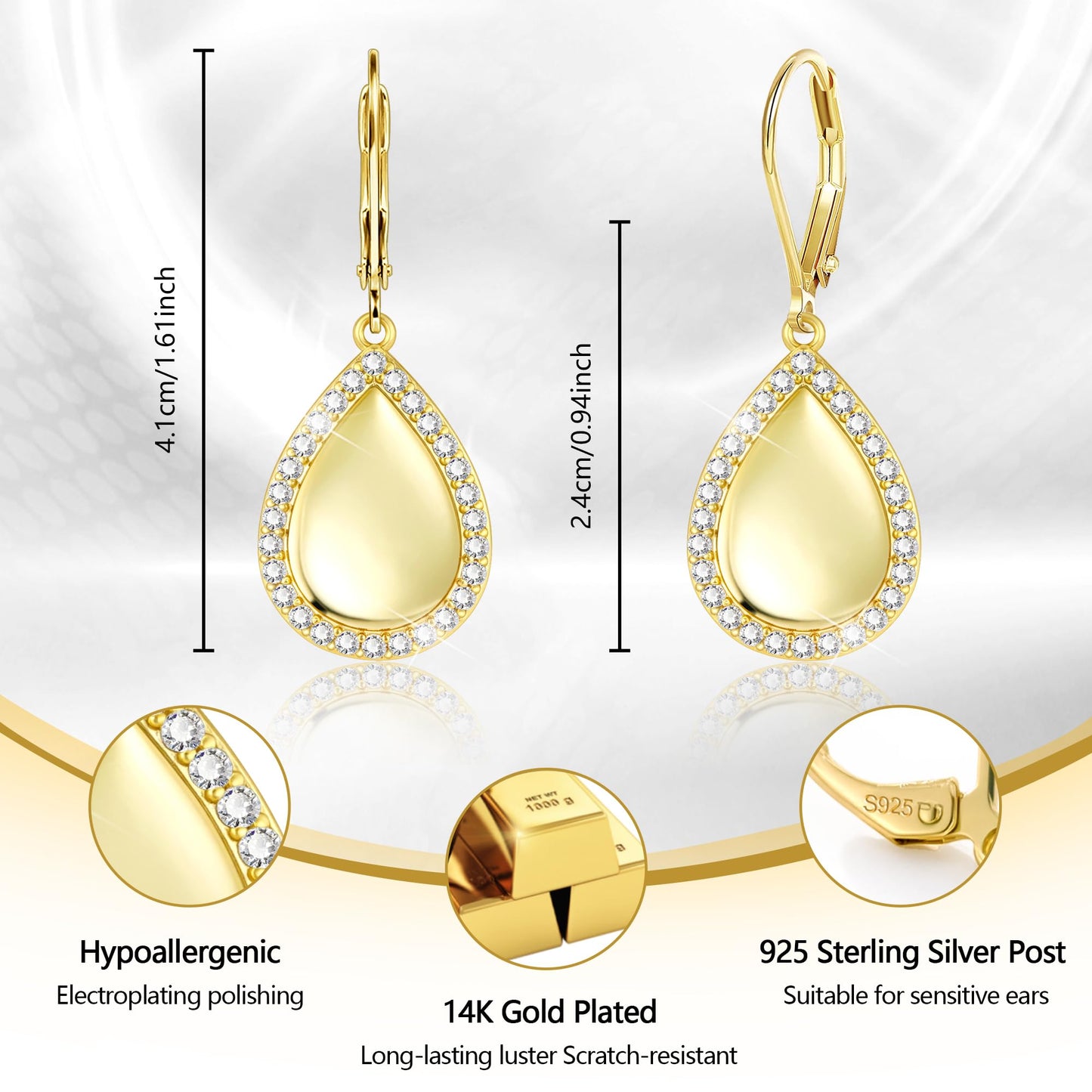 Waterdrop Gold Dangle Earrings for Women, LANCHARMED 14K Goldplated Large Waterdrop Earring with Cubic Zirconia Teardrop Dangle Gold Leverback Earrings for Women Trendy Statement Jewelry