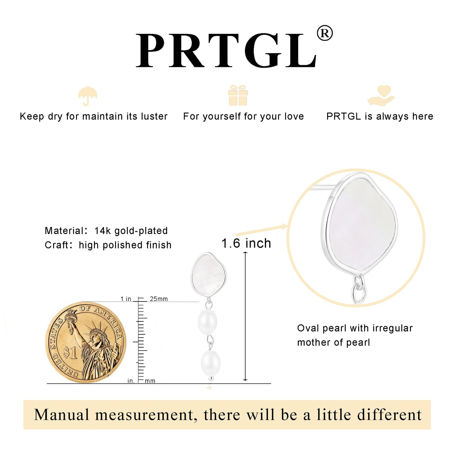 PRTGL Pearl Earrings - Silver 14 White Gold Plated Irregular Mother of Pearl Drop Dangle Earrings for Women Wedding Bridal