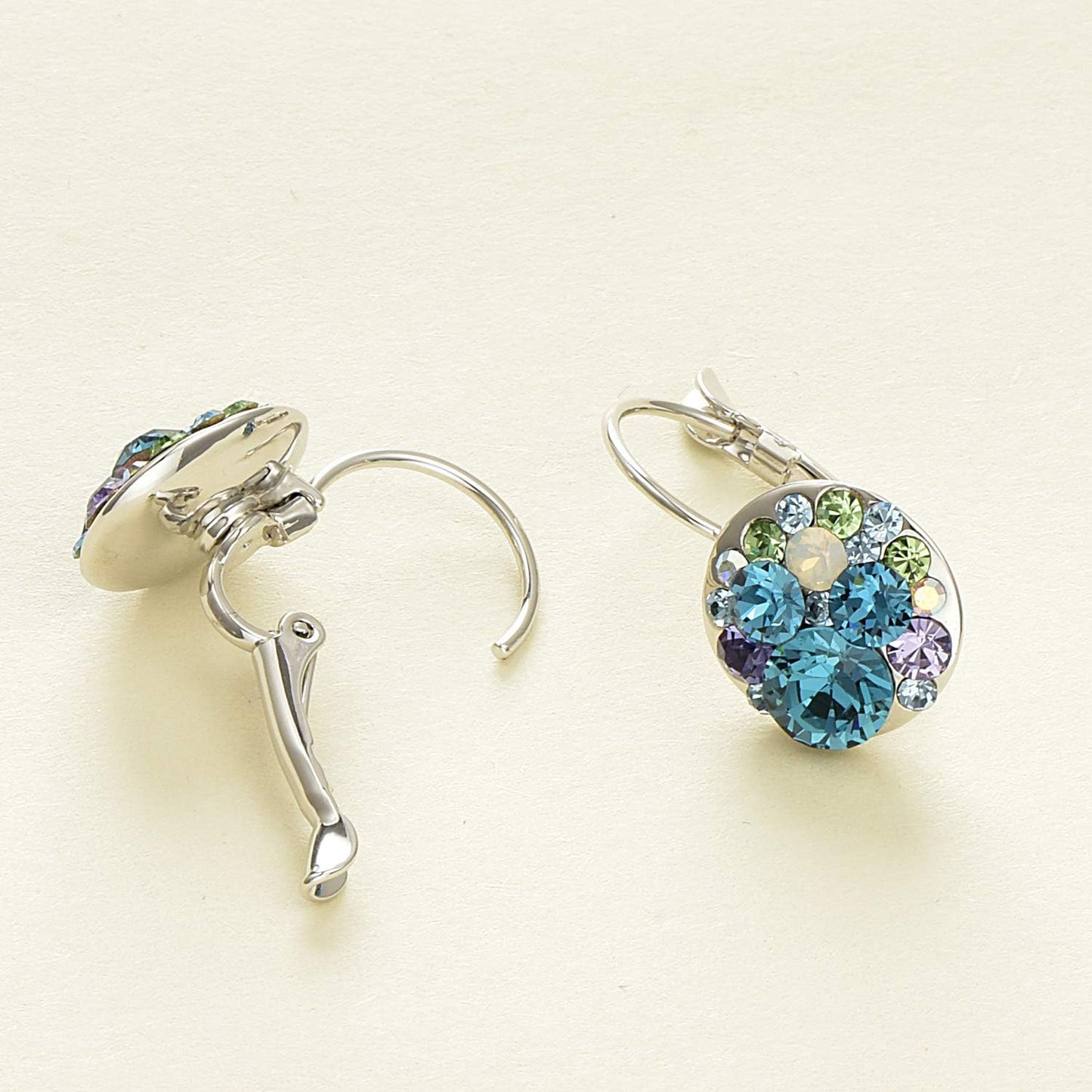 Multicolored Austrian Crystal Leverback Earrings for Women 14K Gold Plated Dangle Hoop Earrings (Blue Green Crystals/Silver-tone)