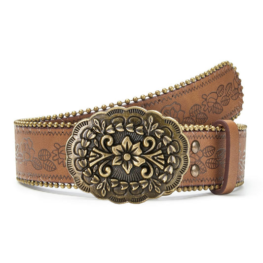 EONTISO Western Belt for Women Cowgirl Cowboy PU Leather Belts for Jeans, Floral Embossed Vintage Buckle, FlowerBrow S