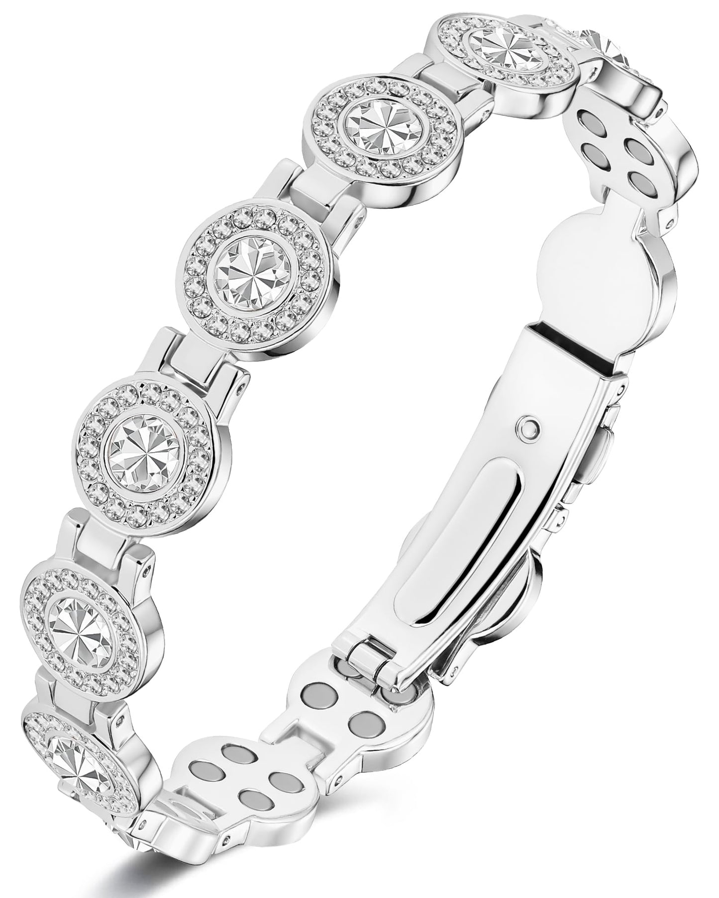 Feraco Pure Copper Bracelets for Women, 4X Ultra Strength Magnetic Bracelet with 3800 Gauss Neodymium Magnets & Sparkling Austrian Cut Crystals, Adjustable Jewelry Gift (Silver)