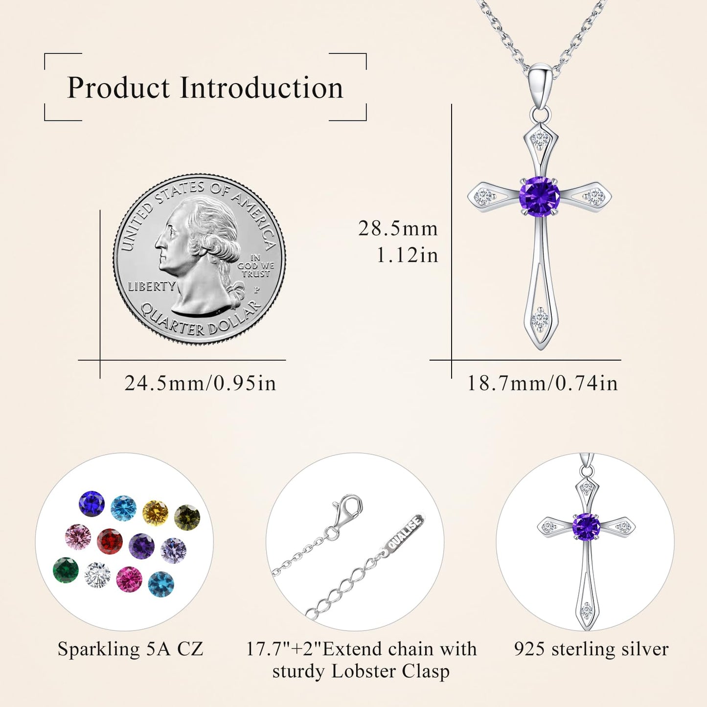 QUALISE Cross Necklace for Women,925 Sterling Silver February Birthstone Necklace Cross Pendant 5A CZ 12 Birth Months Birthstone Amethyst Jewelry Birthday Gifts for Her Wife Mom