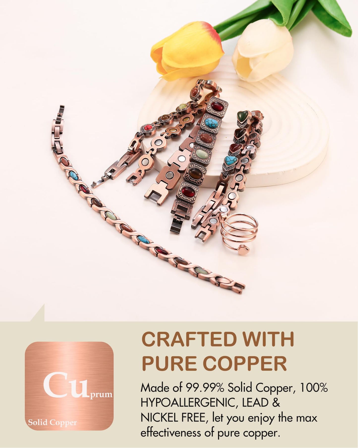 Feraco Pure Copper Bracelets & Ring for Women, Ultra Strength Magnetic Therapy Bracelet with 3800 Gauss Magnets, Natural Turquoise & Stones, Adjustable, Infinite Jewelry