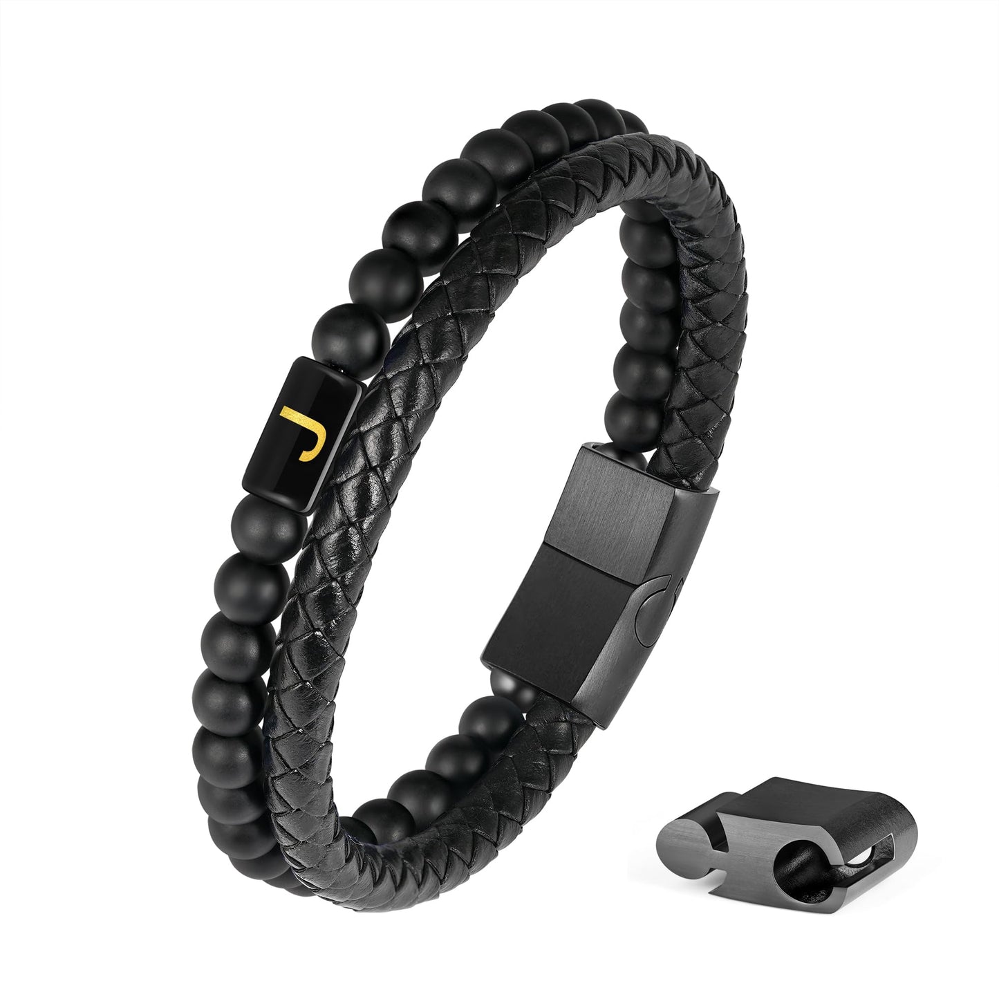 FOCOOG Gifts for Mens Bracelet - Men Gift Leather Bracelets for Men with Initial Matte Agate Bead Magnetic Clasp Leather Men's Initial J Bracelet for Men's Jewelry Mens Gifts for Dad Husband