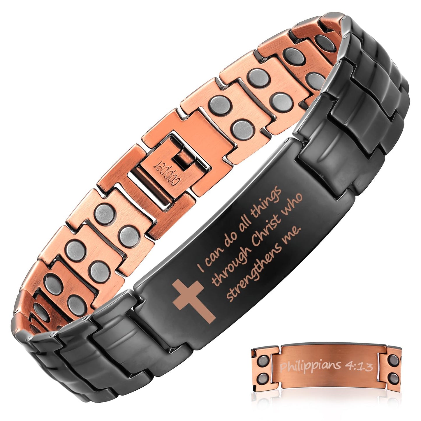 Fashtour Copper Cross Bracelet for Men - Ultra Strength Magnetic Mens Cross Jewelry Set - Adjustable Magnetic Bracelet with Sizing Tool Jewelry Box (Philip 4:13)