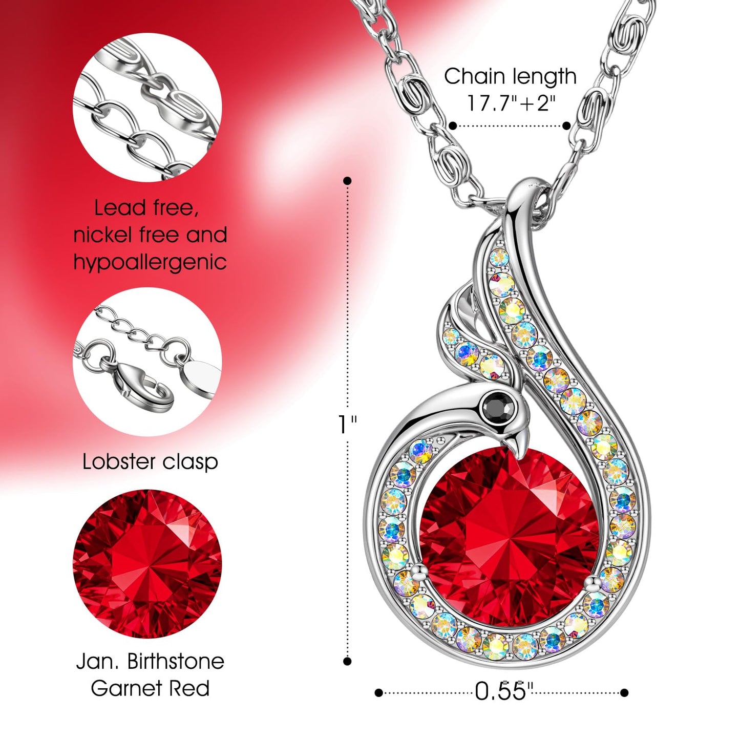 Kate Lynn Phoenix Birthstone Necklaces for Women Pendant Necklace Crystal Jewelry, Birthday Gifts for Women Wife Girlfriend Mothers Day Gift for Mom Daughter Unique Lady Christmas Jewelry Gift for Her, January Birthstone Garnet Necklace