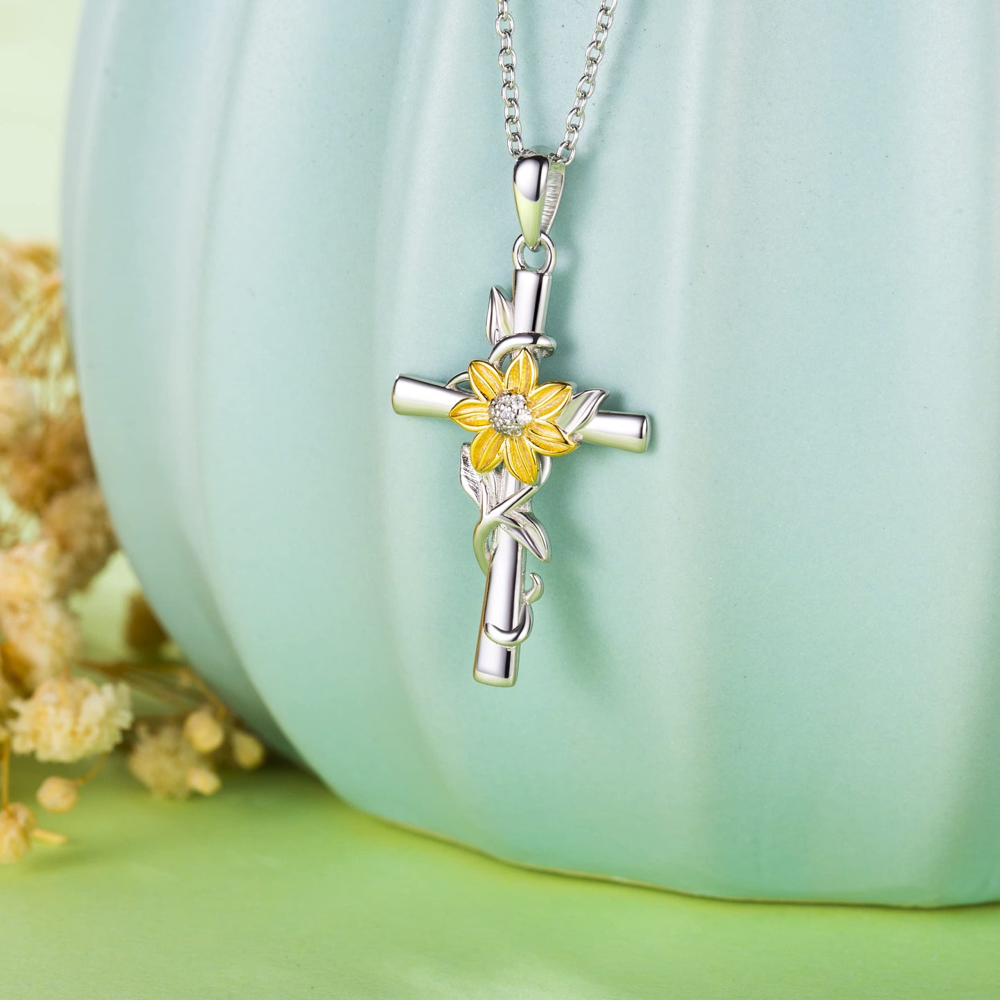 Annamate 925 Sterling Silver Cross Necklace for Women Sunflower Cross Necklace Dainty Sunshine Pendant for Women Mom Sunflower Gifts for Women