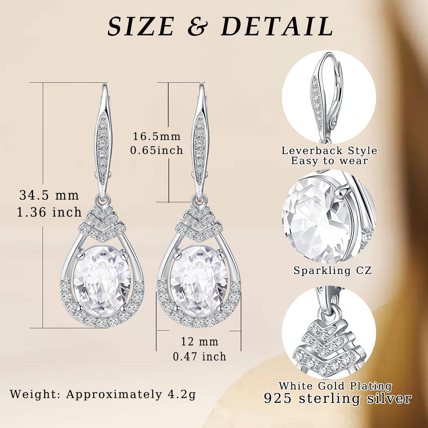 Sparkling Bride Wedding Earrings S925 Sterling Silver April Birthstone Dangle Earrings for Women Synthetic Diamond CZ Sterling Silver Teardrop Leverback Drop Earring Jewelry Birthday Gifts for Mom
