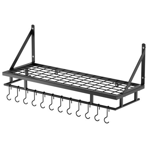 KES 30-Inch Kitchen Pan Pot Rack Wall Mounted Hanging Storage Organizer Wall Shelf with Hooks Matte Black, KUR215S75A-BK