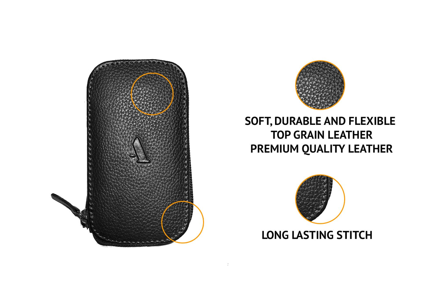 Adamis Full Grain Genuine Leather Keychain Holder Pouch, Key Case, Soft Strong and Compact Organizer and Wallet with Zip Closure for Extra Safety and 6 Key Holder Hooks in Black