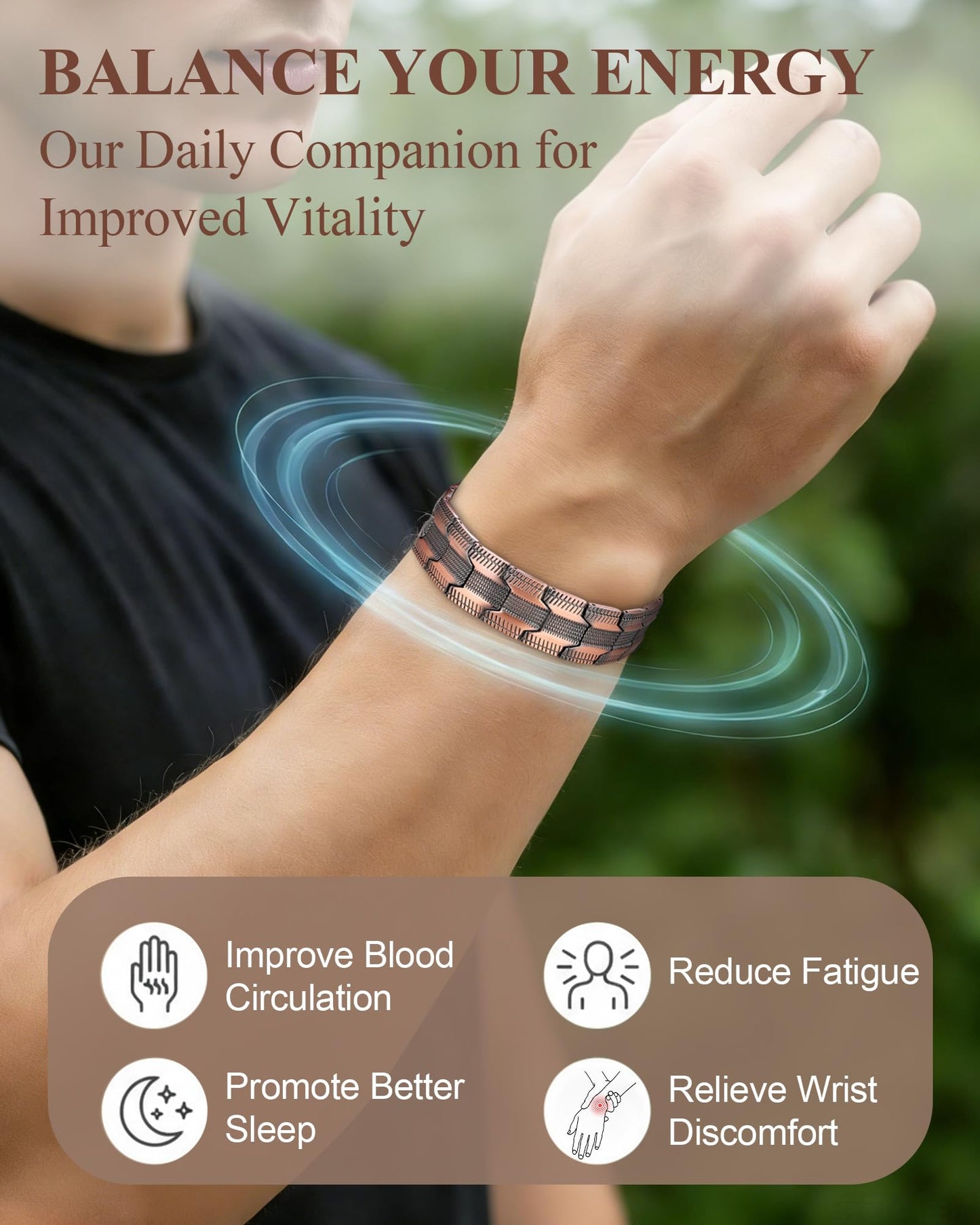 MagnetNova Ultra Strength Magnetic Bracelets for Men, 99.99% Pure Copper Bracelet with 5000 Gauss Magnets, Adjustable Size with Sizing Tool & Gift Box (Copper-15mm)