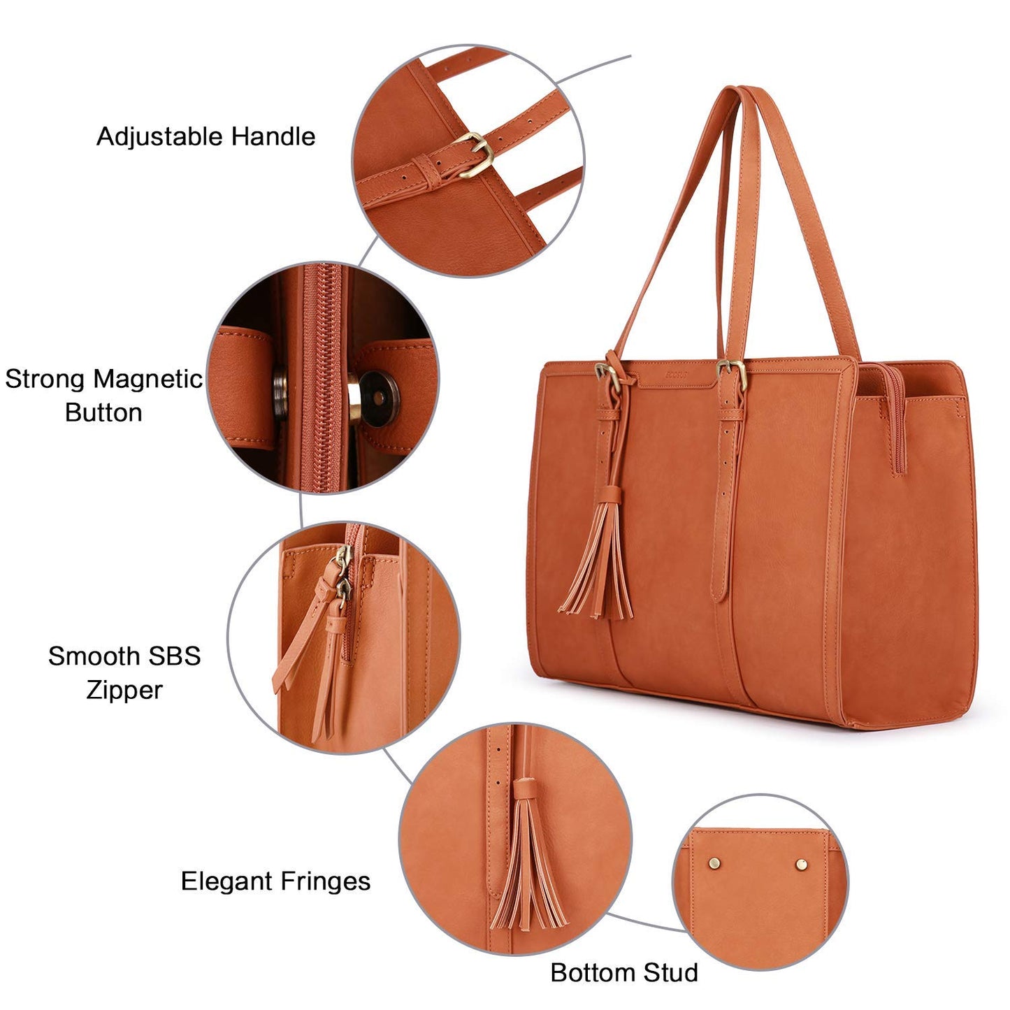 ECOSUSI Laptop Bag For Women 15.6 Inch Work Tote Bags PU Leather Computer Purse For Business Office With 3 Layer Compartments