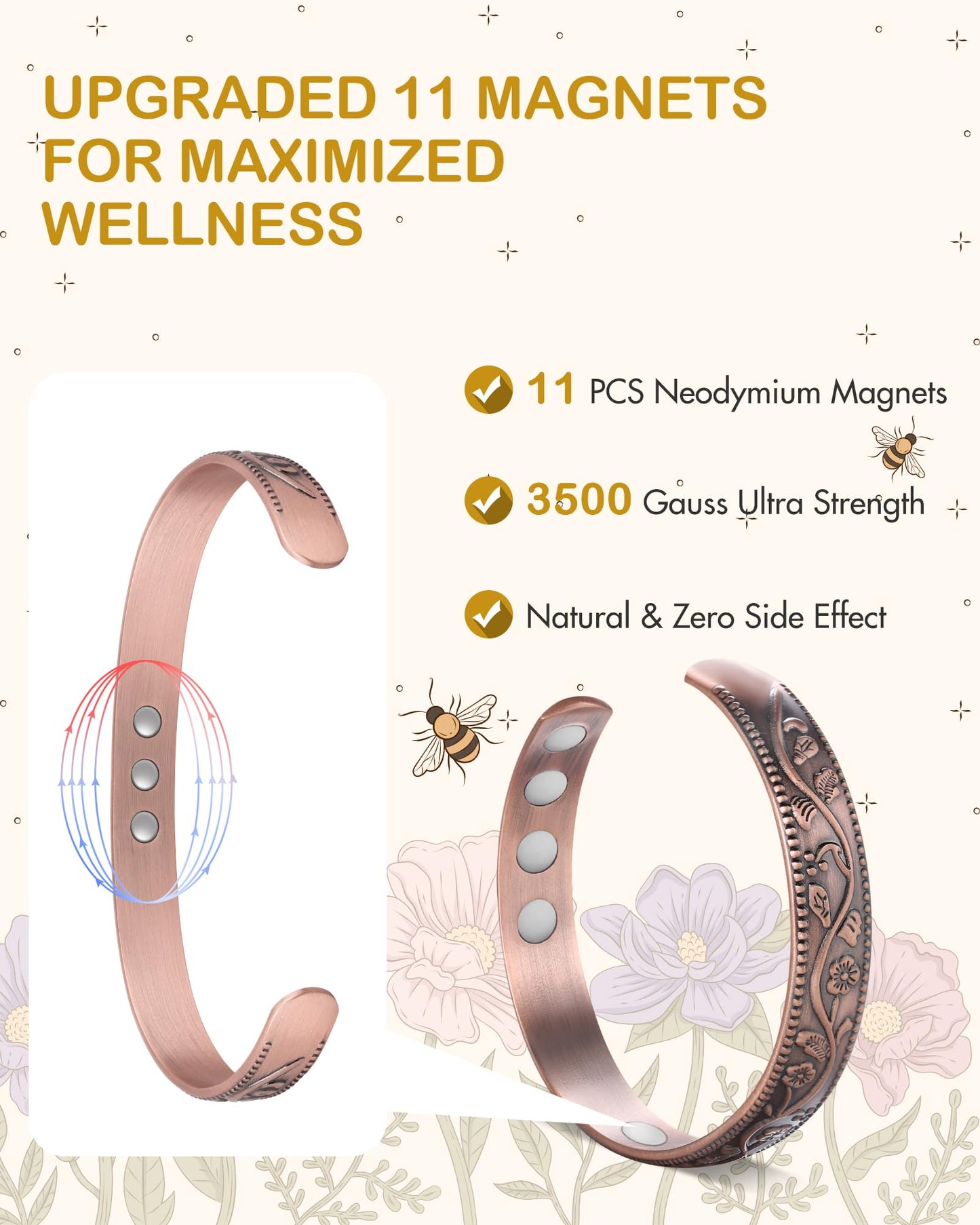 Feraco 99.99% Pure Copper Bracelet for Women, 11X Ultra Strength Magnetic Copper Cuff Bangle with 3500 Gauss Neodymium Magnets, Adjustable Vintage Flower Collection