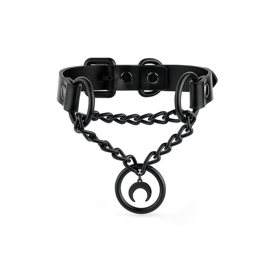 ADEMISHIA Black Gothic Chain Choker with O-ring and Moon Pendant, Punk Grunge Emo Leather Necklace For Women