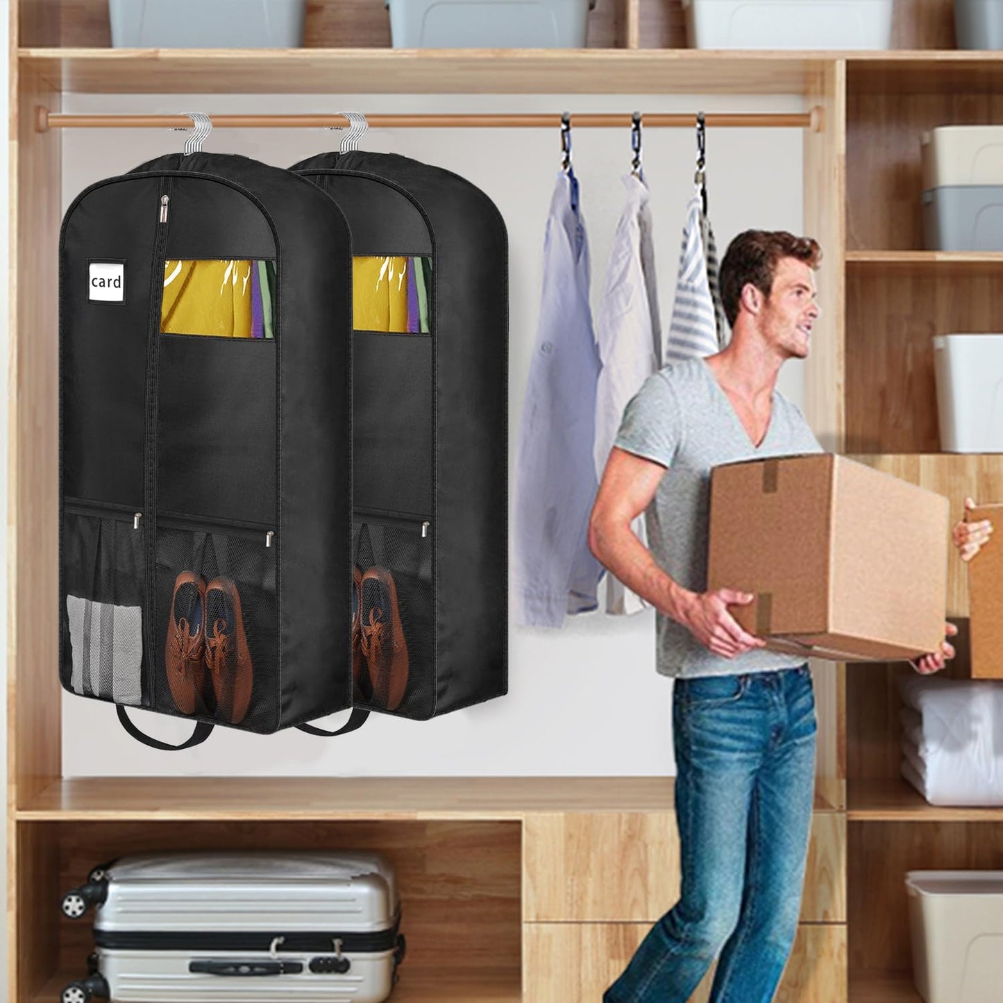 STEPONE 6.5" Gusseted Heavy Duty Garment Bags for Travel 43" Suit Bags for Closet Storage Hanging Clothes Bag with Pockets Mens Suit Holder for Shirts, Coats, Dresses, 2 Pack