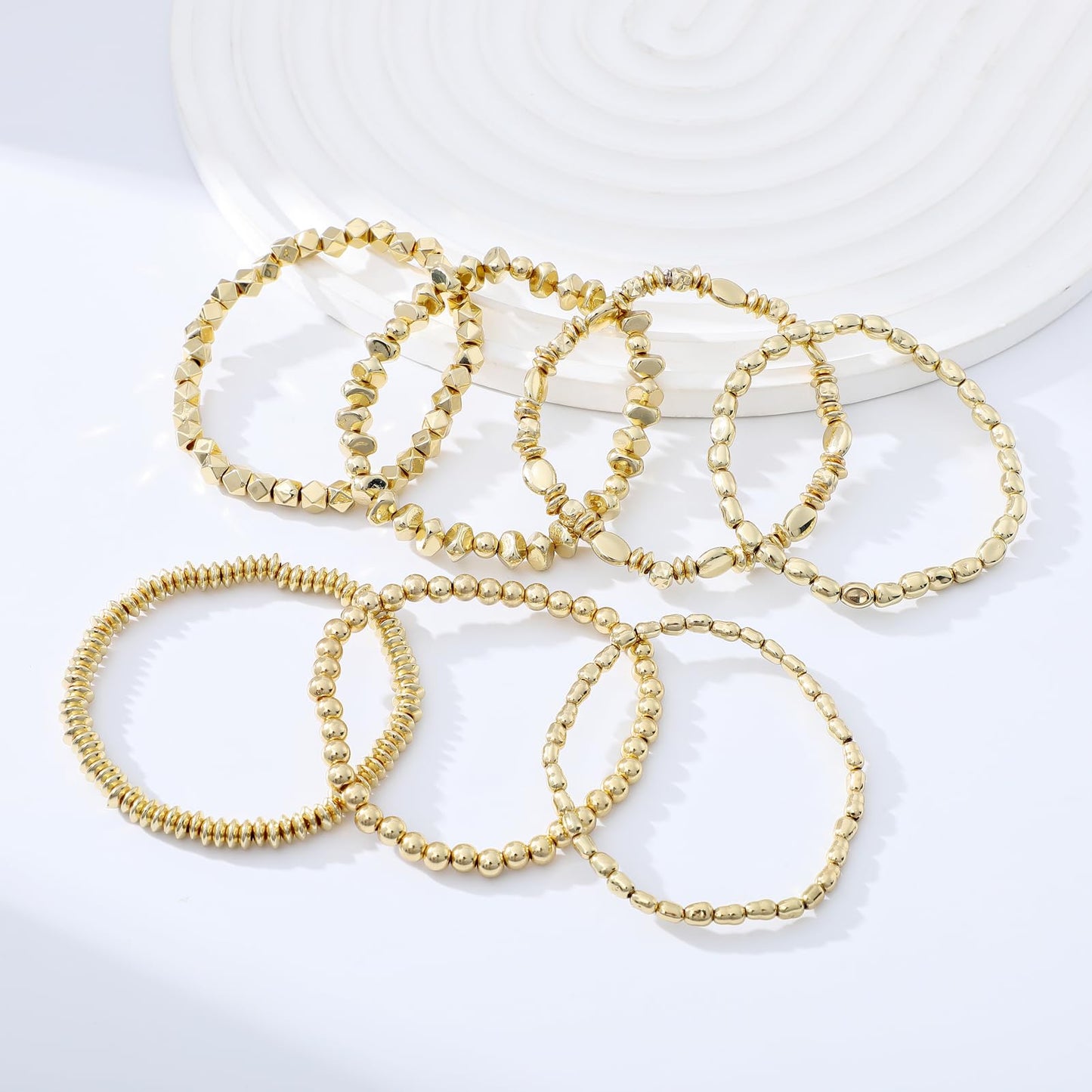 Sajidos Gold Plated Beaded Bracelets for Women Trendy, 14K Gold Plated Stack Cross Pearl Gold Plated Bead Stretch Bracelets Set Elastic Hypoallergenic Bracelets Jewelry Gifts