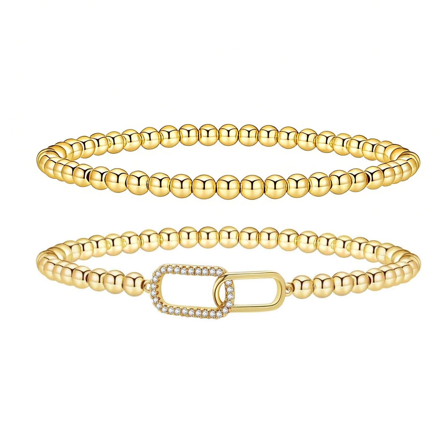 Gold Beaded Bracelets for Women 14K Gold Zirconia-square Bracelet Handmade Stackable Bracelets for Women Trendy Non Tarnish Bracelet Jewelry Gift for Womens 2Pcs (04.Zirconia-square+Beaded (Gold))