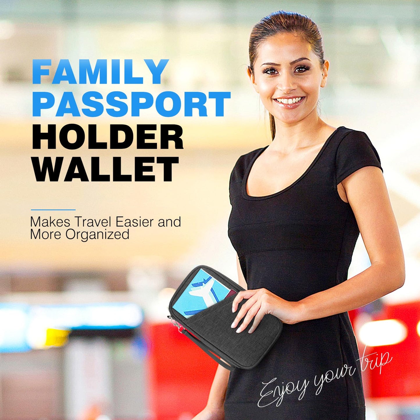 Passport Holder Family RFID Travel Document Organizer for Women Waterproof Passport Wallet Men Portable Case for Cards, Boarding Pass, ID, Money, Tickets with Zipper