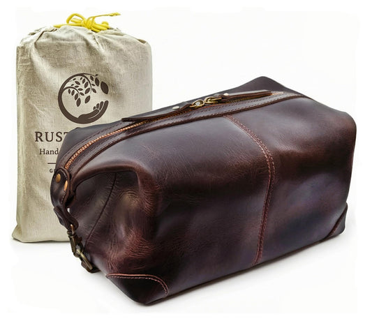 RUSTIC TOWN Full Grain Leather Toiletry Bag for Men & Women – Handcrafted Travel Dopp Kit – Large Water-Resistant Makeup & Shaving Organizer, Walnut Brown