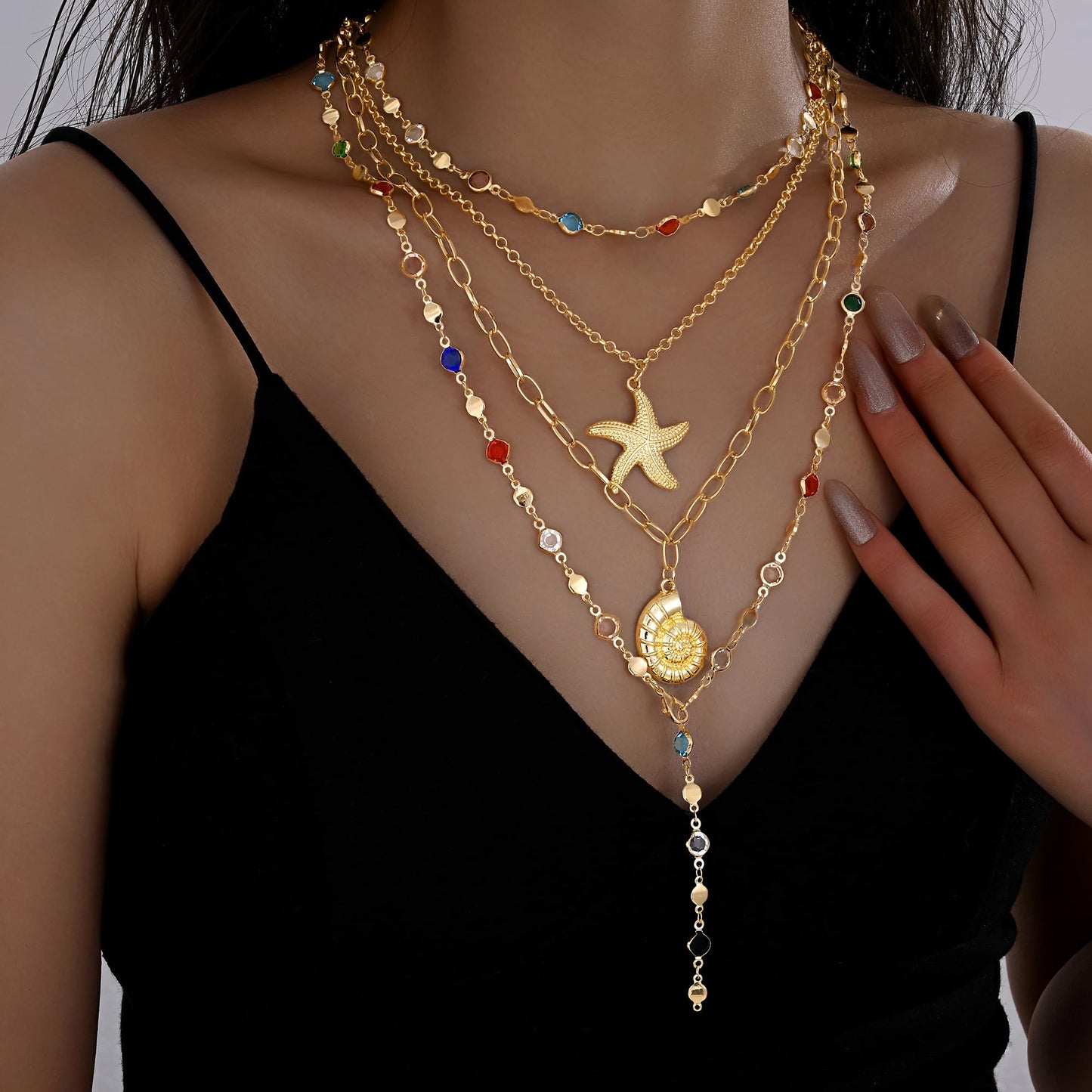 4PCS Layered Gold Cross Necklaces for Women Trendy, Bohemian Bead Pearl Y Long Pendant Necklace Set, Vintage Rosary Necklace Stack Adjustable Length
