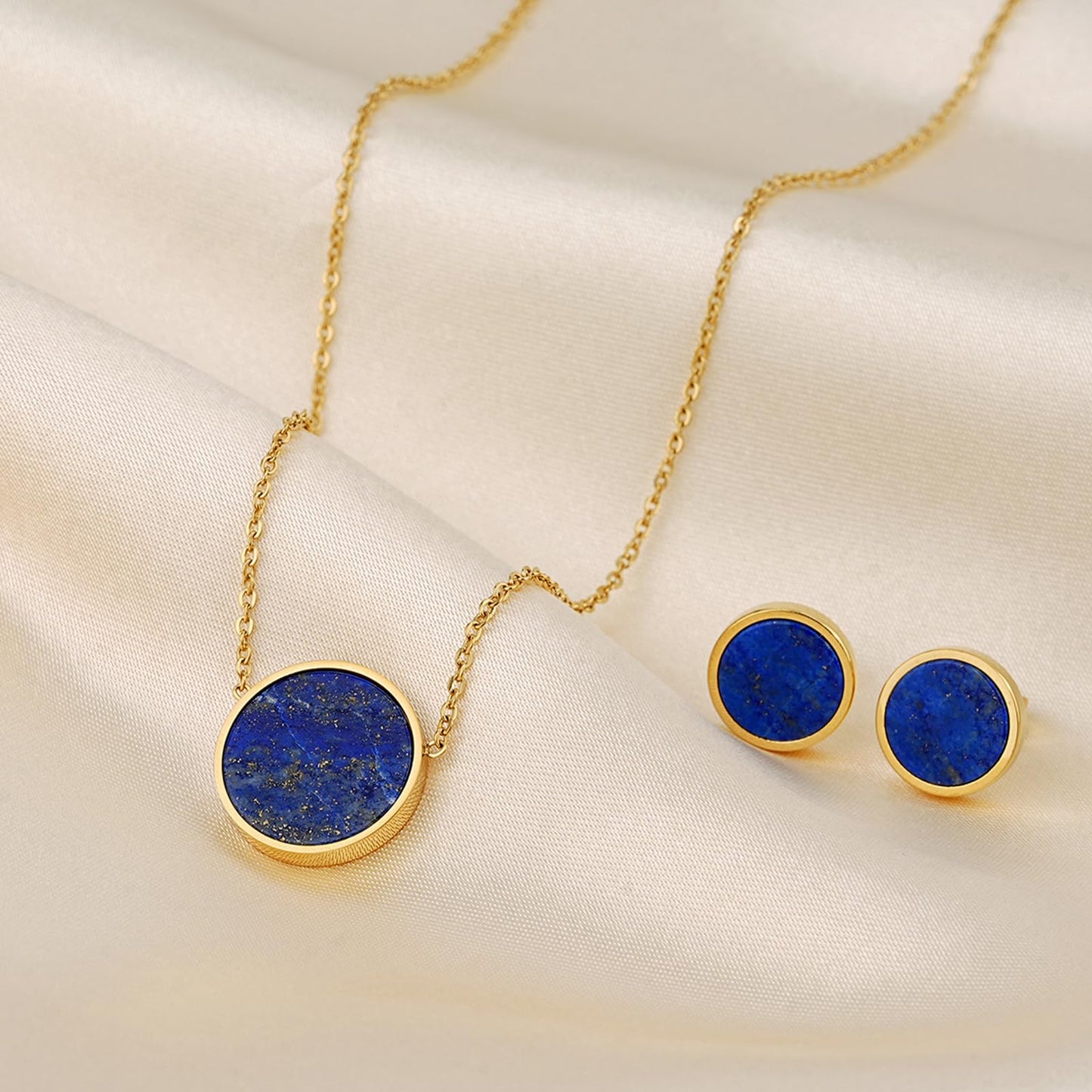 TaYolnFaSo Round Lapis Lazuli Jewelry Set for Women 18K Gold Plated Lapis Lazuli Necklace Studs Earrings Set Dainty Jewelry Gift