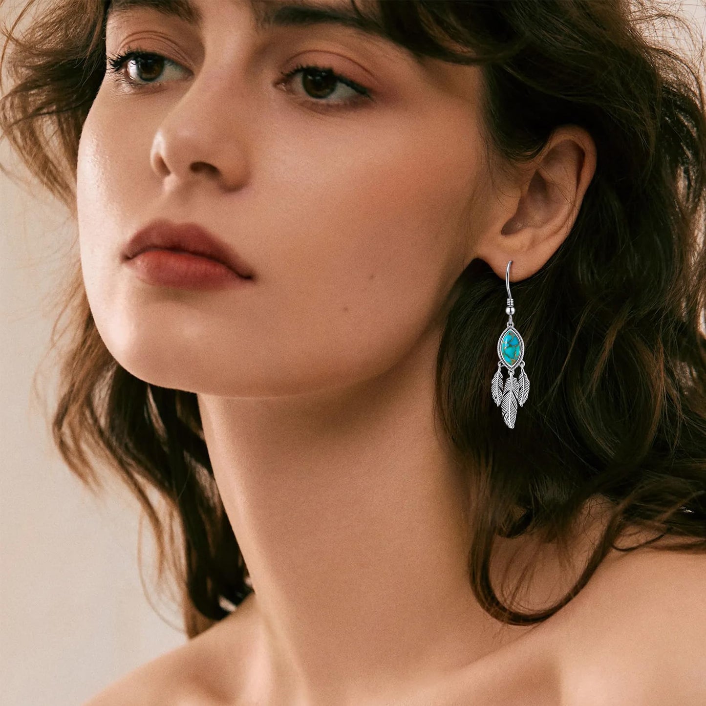 AVECON Genuine Teal Turquoise Feather Dangle Earrings for Women, 925 Sterling Silver Mohave Pierced Drop Earring with Hook and Leaf, Boho Western Country Native American Jewelry for Cowgirl & Cowboy
