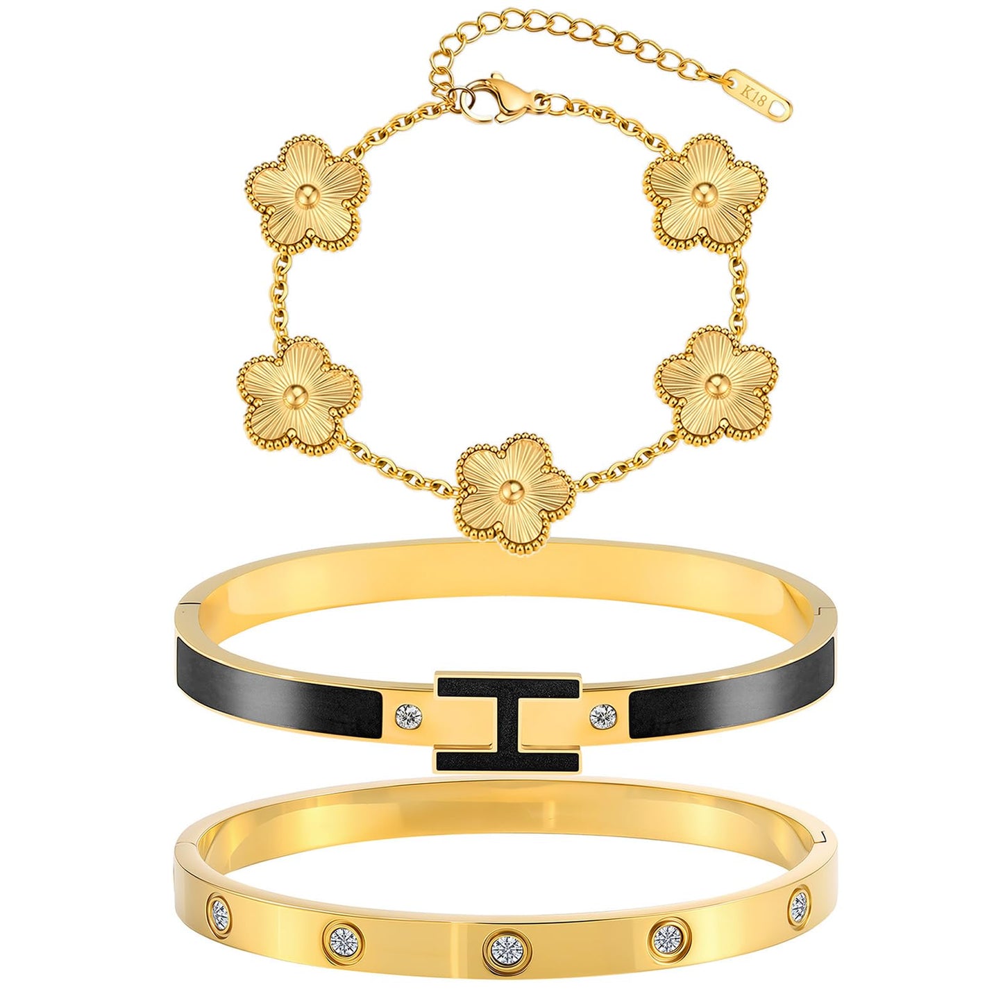 Camhanno Gold Clover Bracelets for Women - 18K Gold Plated Stainless Steel Dainty H Bangle Bracelets| Daily & Party Wear Jewelry, Easter Christmas Mothers Day Gifts