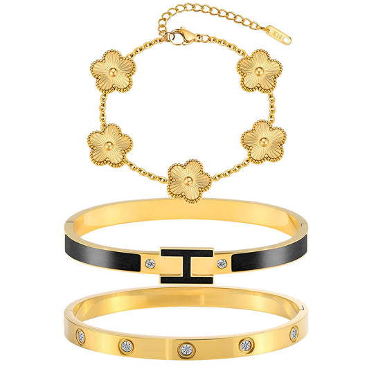 Camhanno Gold Clover Bracelets for Women - 18K Gold Plated Stainless Steel Dainty H Bangle Bracelets| Daily & Party Wear Jewelry, Easter Christmas Mothers Day Gifts