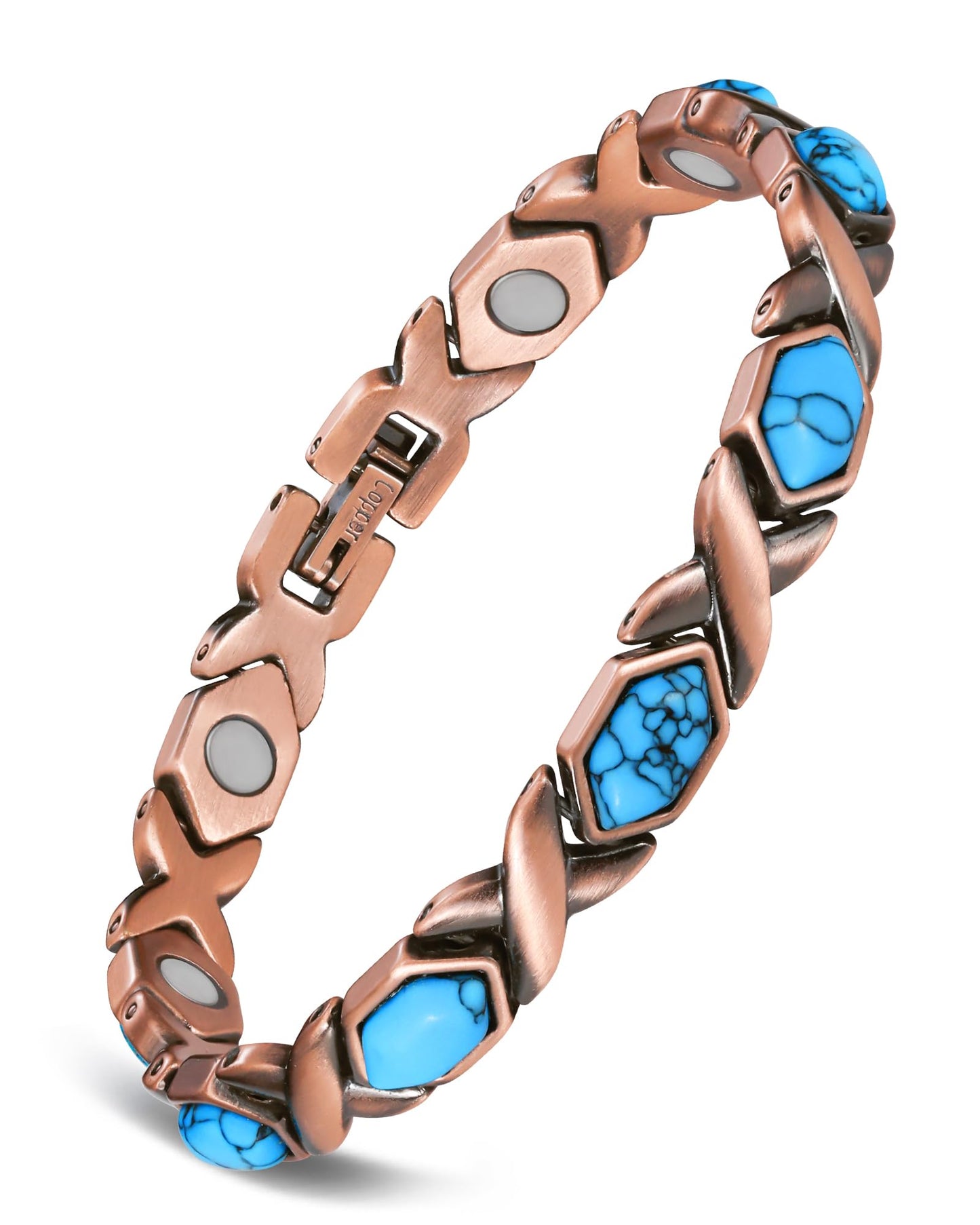 Feraco Pure Copper Bracelets for Women, Ultra Strength Magnetic Bracelet with 3800 Gauss Magnets & Natural Turquoise & Stones, Adjustable, Jewelry Gift (Ocean Whisper)