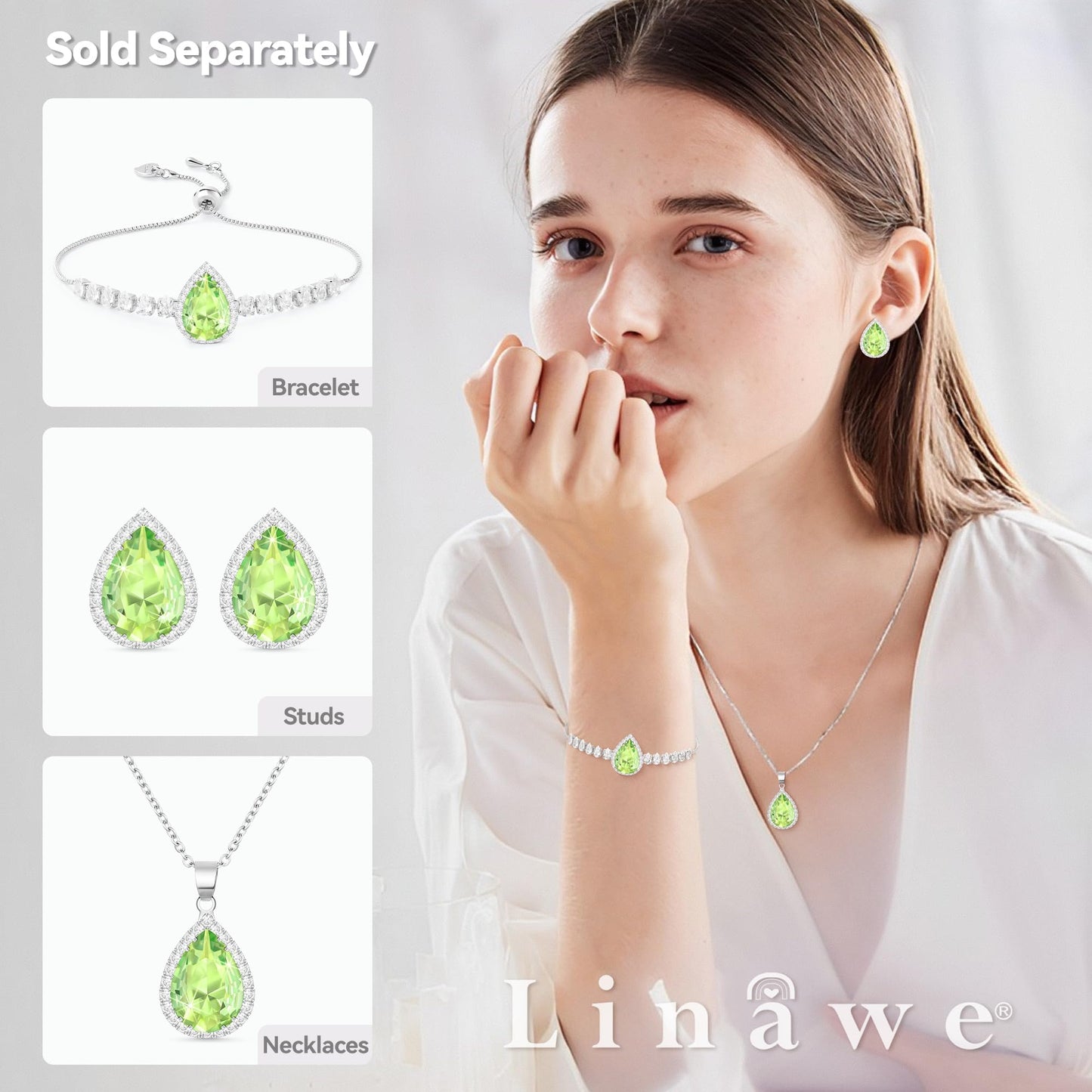 Linawe Silver Green Imitation Diamond Morganite Titanium Stud Earrings for Women, Cubic Zirconia Rhinestone Crystal Iridescent Teardrop Earrings Studs, Wedding Bridal Bridesmaid Earrings