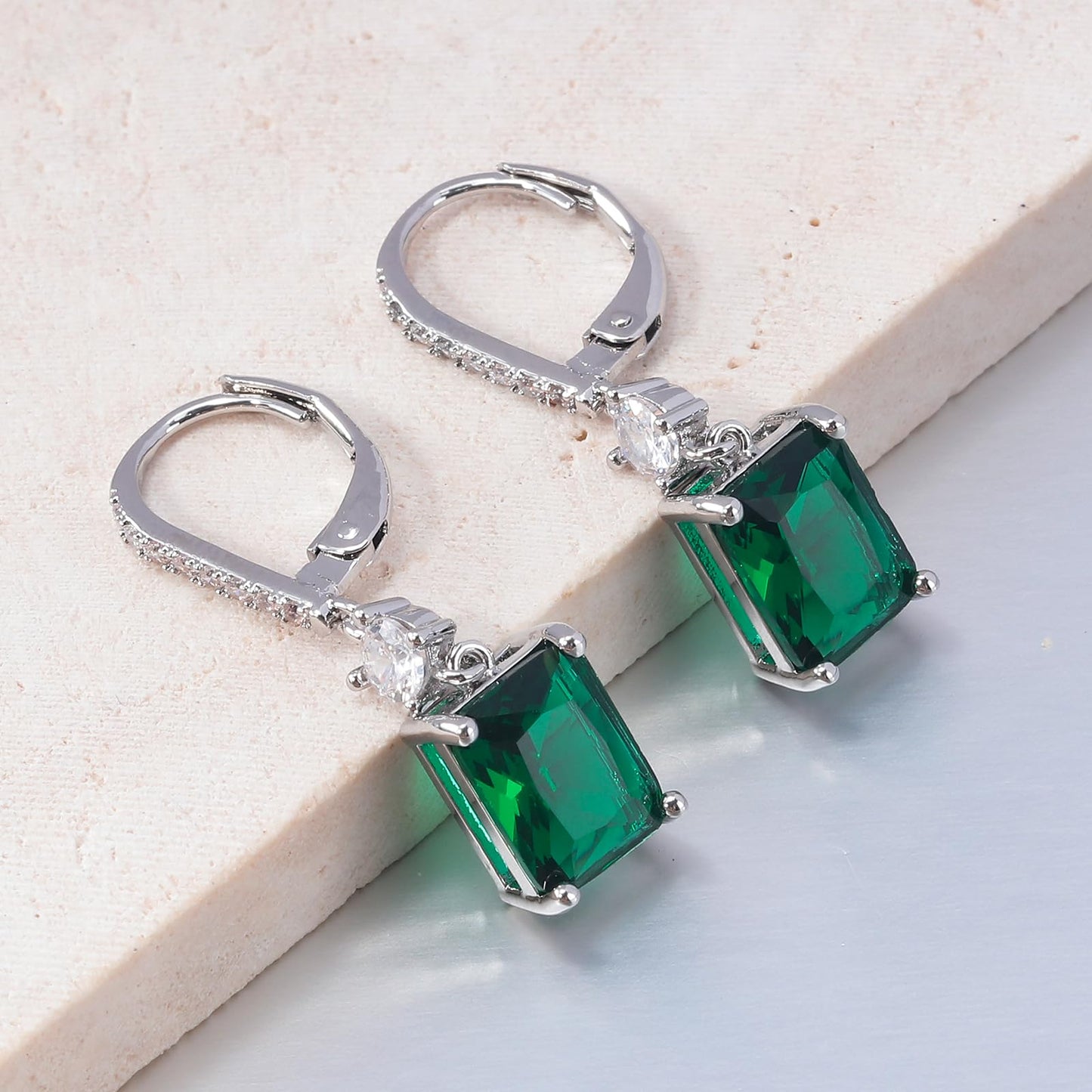 CiNily Leverback Earrings for Women Rectangular-cut Drop Dangle Earrings Hypoallergenic, 14K White Gold Plated Emerald Green Cubic Zircon Earrings Diamond Dangle Earrings Jewelry Birthday