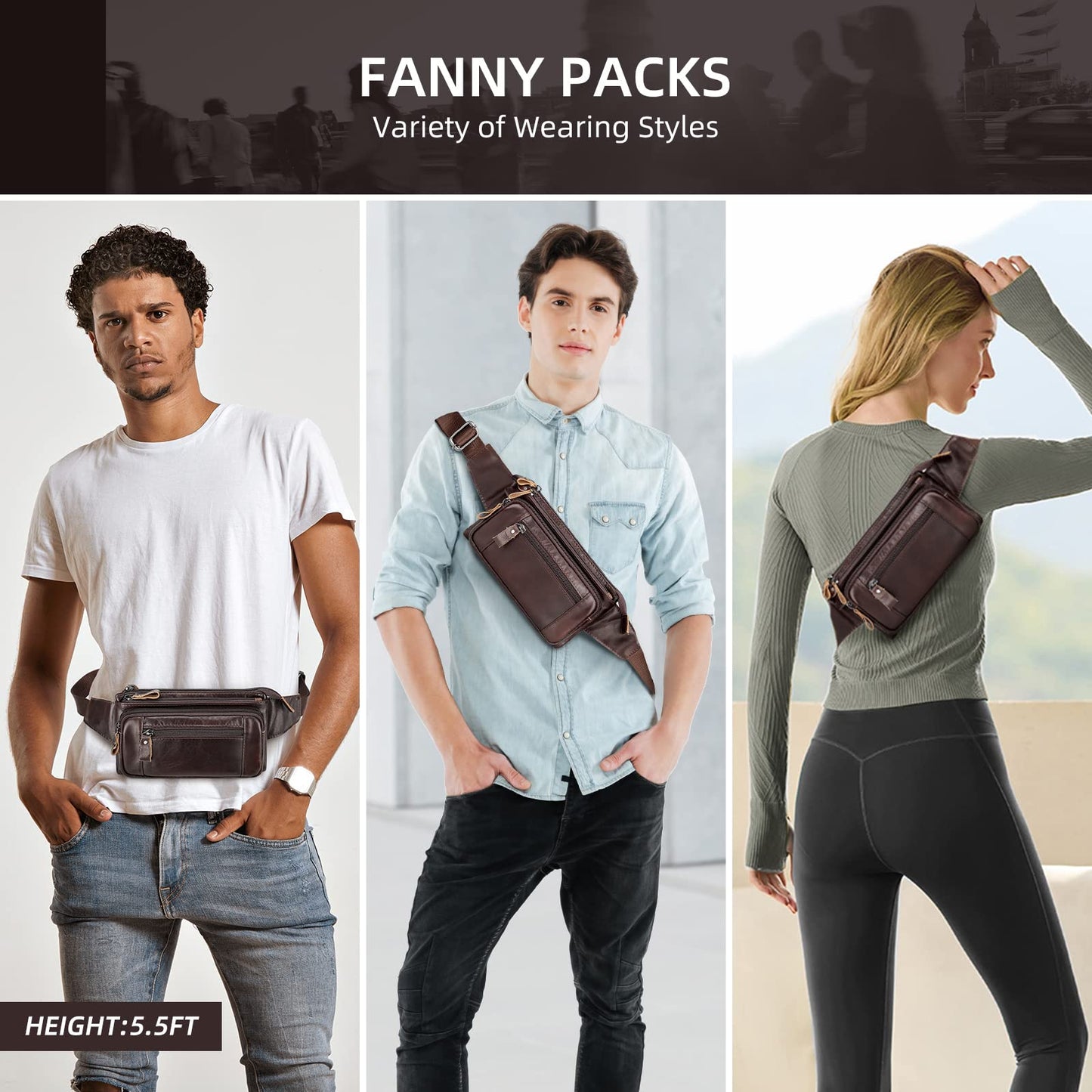 HUMERPAUL Leather Fanny Pack for Men Women, Fashion Waist Packs Small Crossbody Chest Bag with Adjustable Belt for Outdoor Travel Hiking Cycling