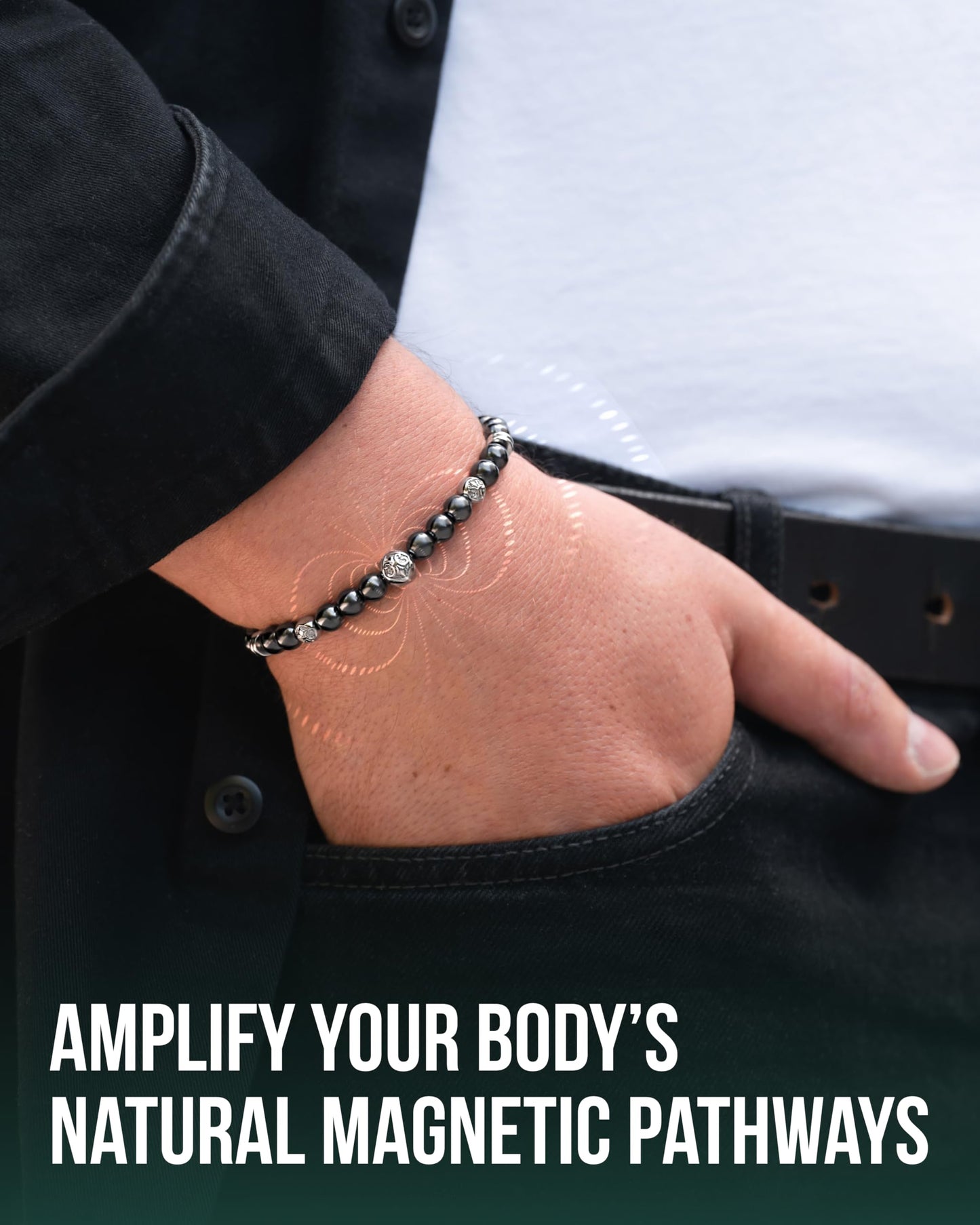 MagnetRX® Hematite Magnetic Bracelet – Max Strength Magnet Stones with Stainless Steel Charms – Elegant Magnetic Hematite Beaded Bracelets for Men (Armory | Medium)