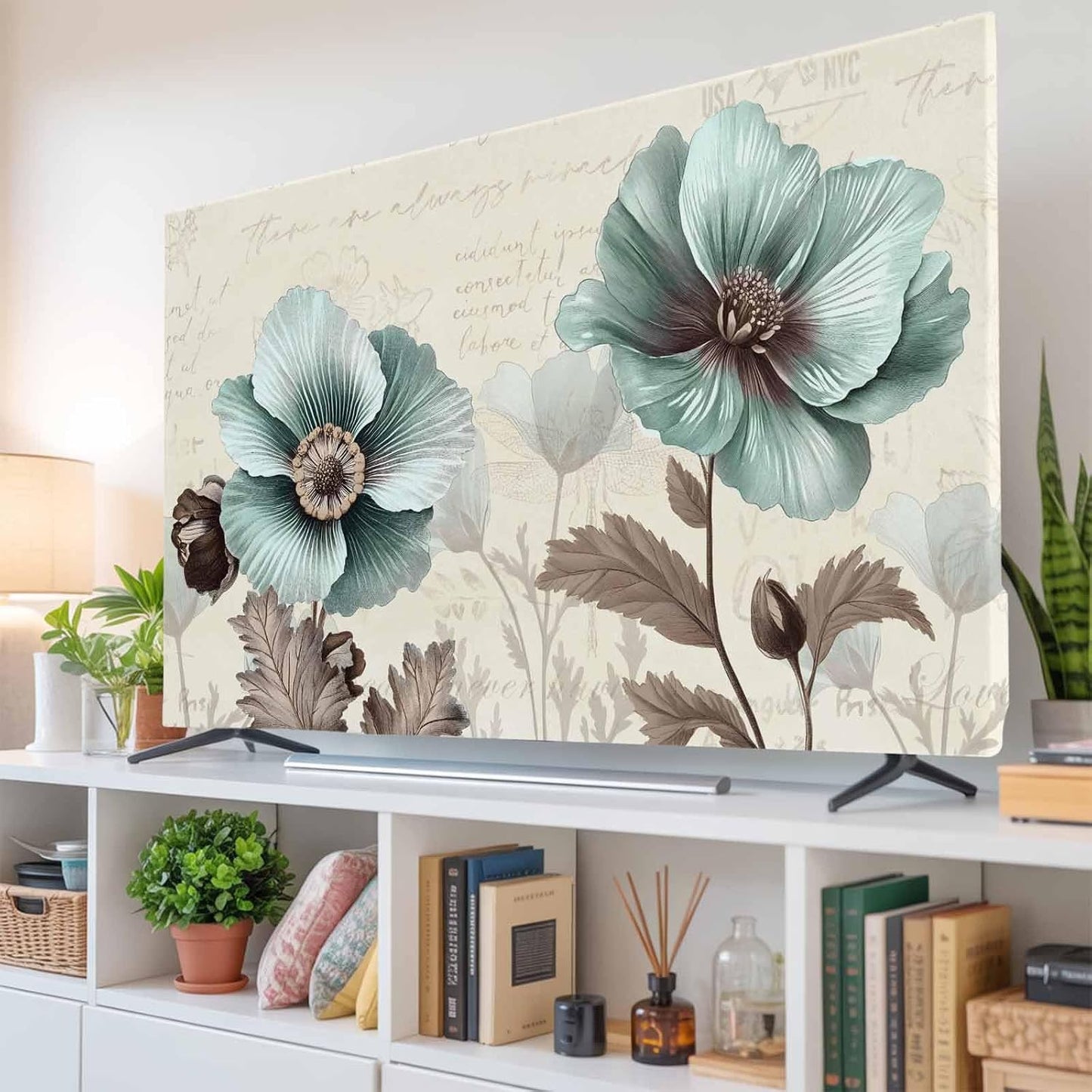 Yukro 32 Inch, 28"x16" Victorian Style Indoor TV Dust Cover, Vintage Blue Flowers Broccoli Elastic TV Dustproof Cover