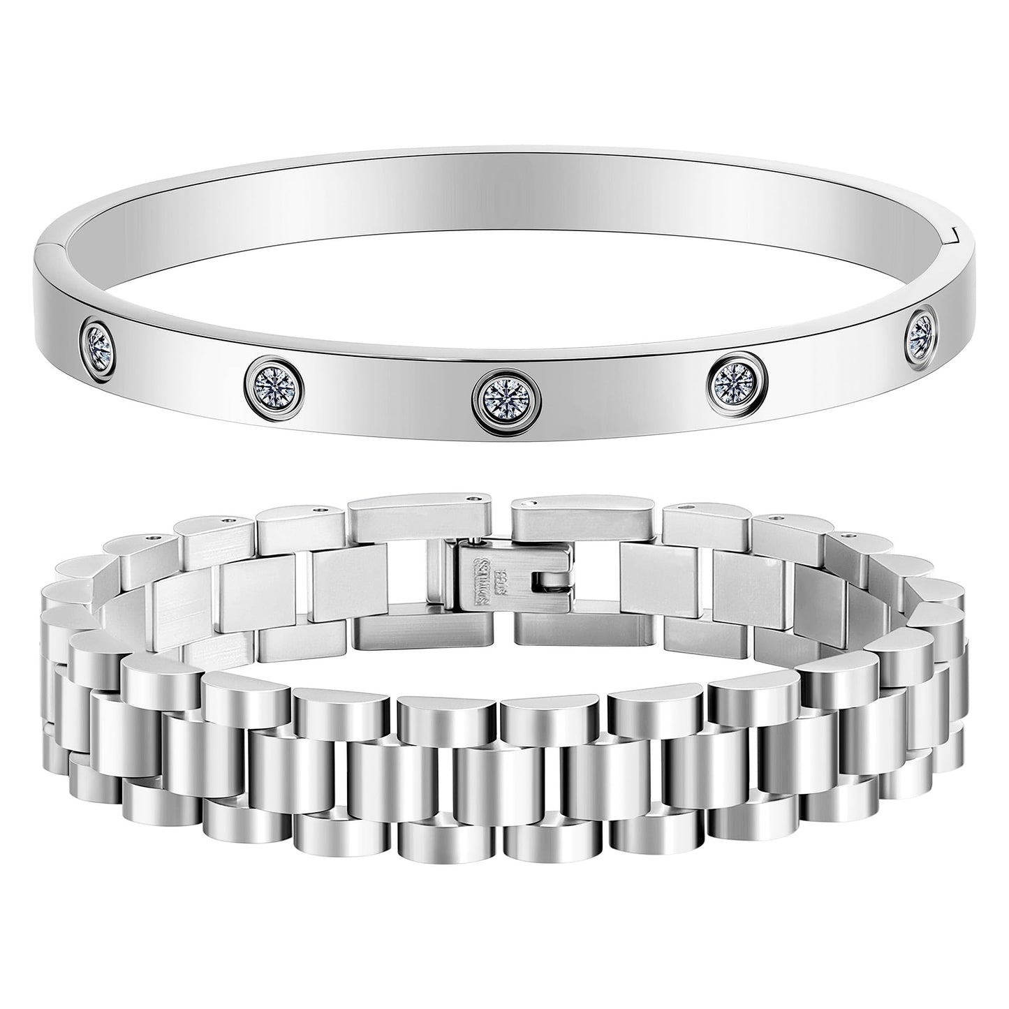 ISELBDR 18K Gold Plated Stackable Love Bangle Bracelets for Women,Silver Chain Link Watch Bracelet,Non-Tarnish Jewelry with Adjustable Tool.(2pcs-A Silver)
