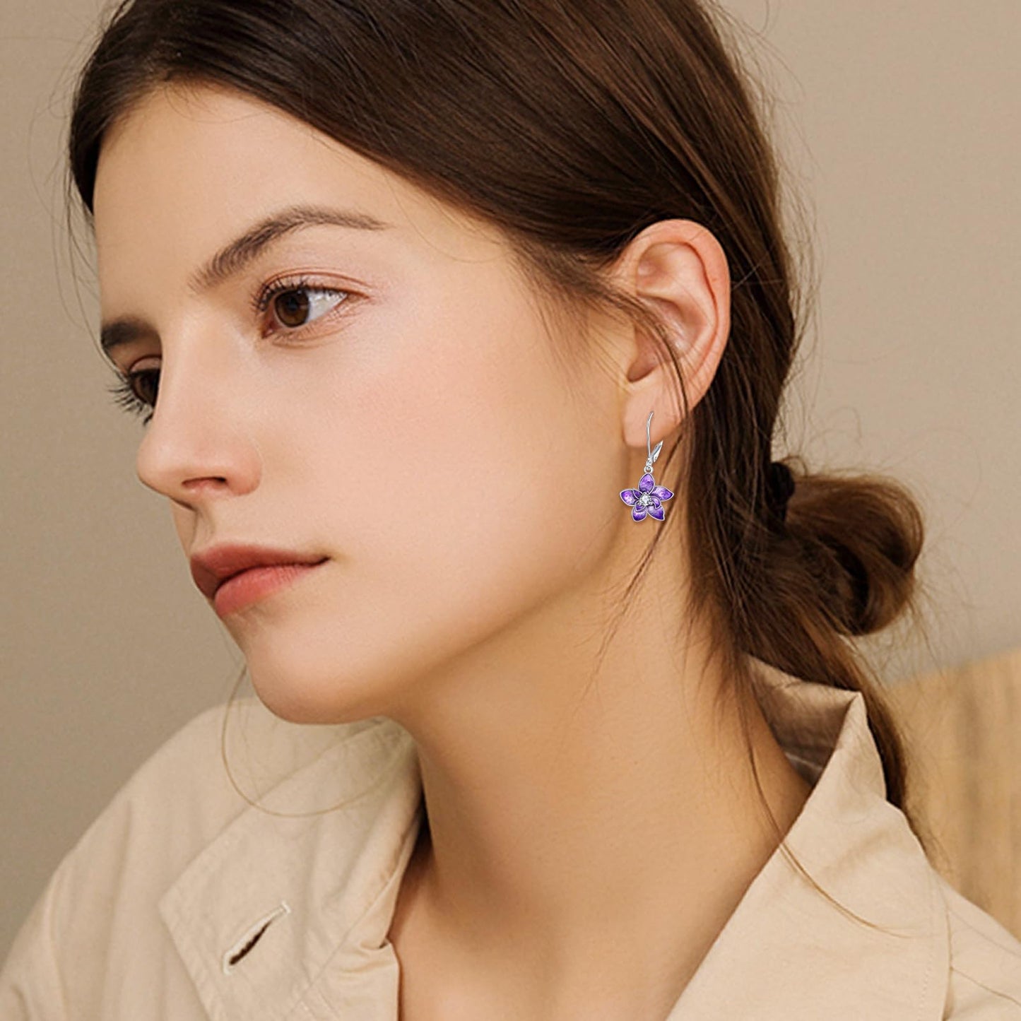 TIGER RIDER Purple Orchid 925 Sterling Silver Leverback Earrings with Birth Flower Earrings with White Zircon Jewelry Gift for Women Birthday Christmas