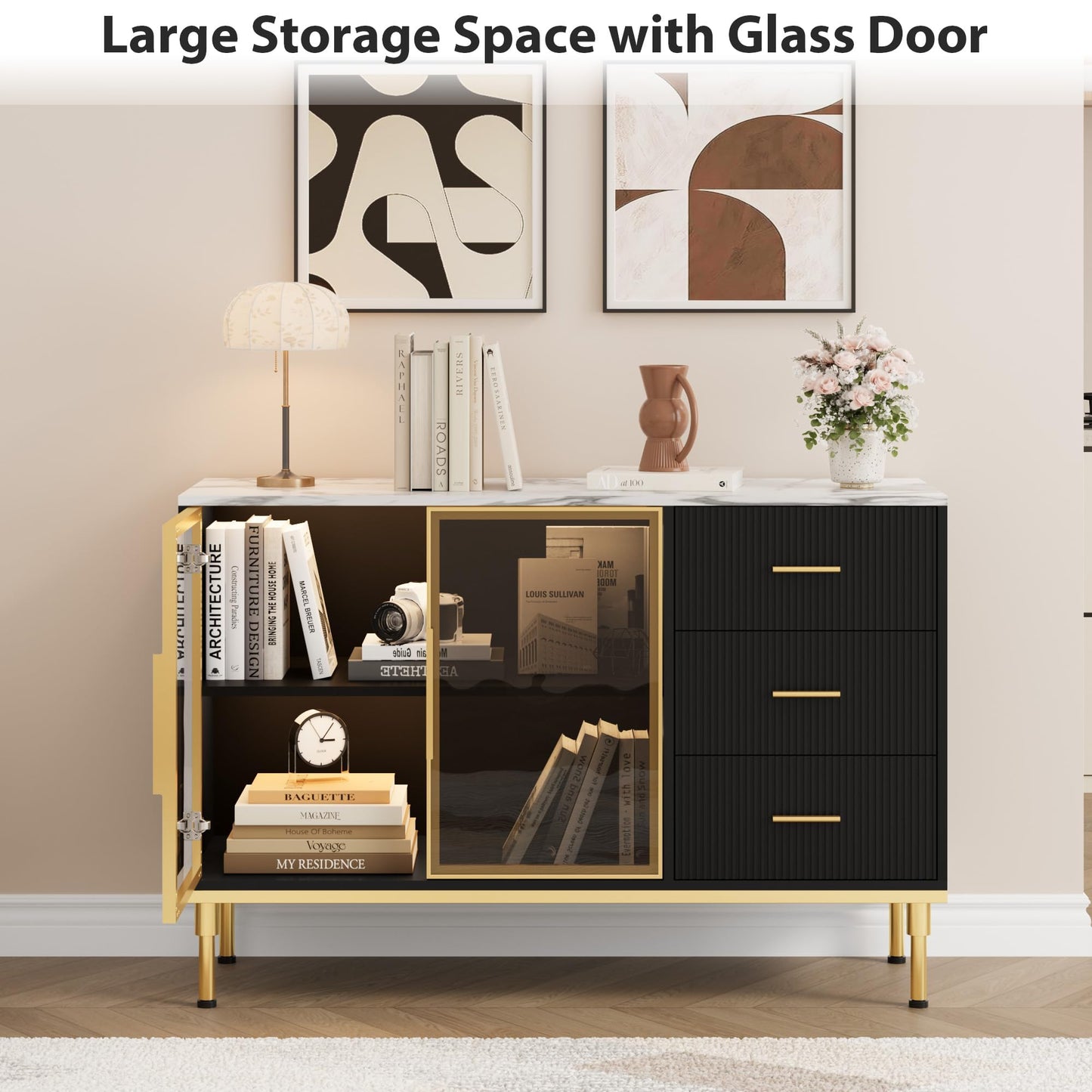 GAOMON Buffet Sideboard Cabinet with Storage, 46.4" Large Fluted Kitchen Sideboard Cabinet with 2 Glass Doors 3 Drawers and Shelves, Faux Marble Top Buffet Table for Dining Room, Living Room, Black