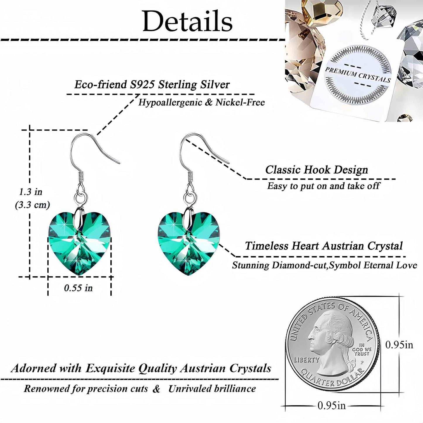 Austrian Crystal Heart Drop Dangle Earrings for Women 925 Sterling Silver Hook Hypoallergenic Earring (Emerald)